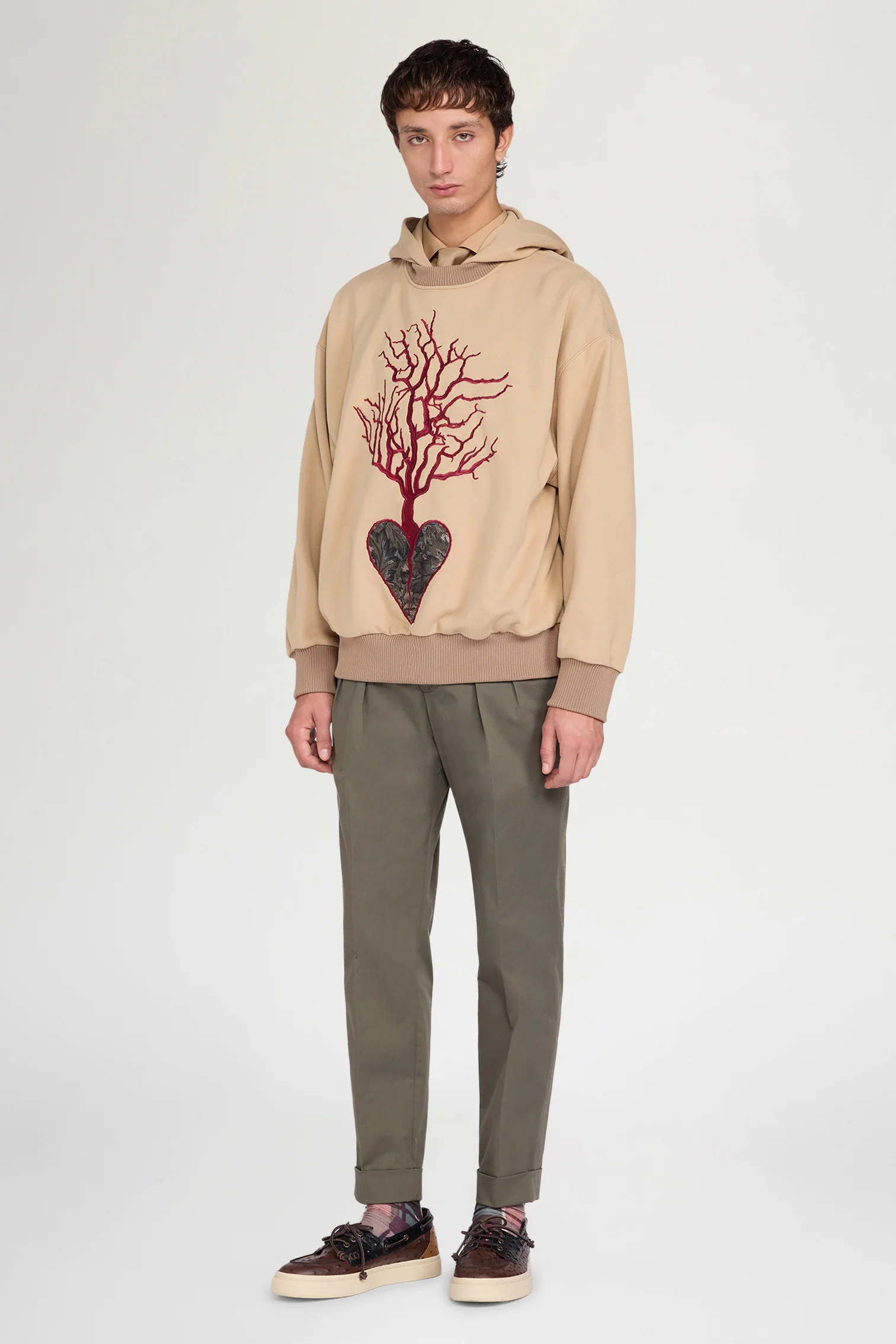 Beige Embroidered Heart Hoodie - Image 2
