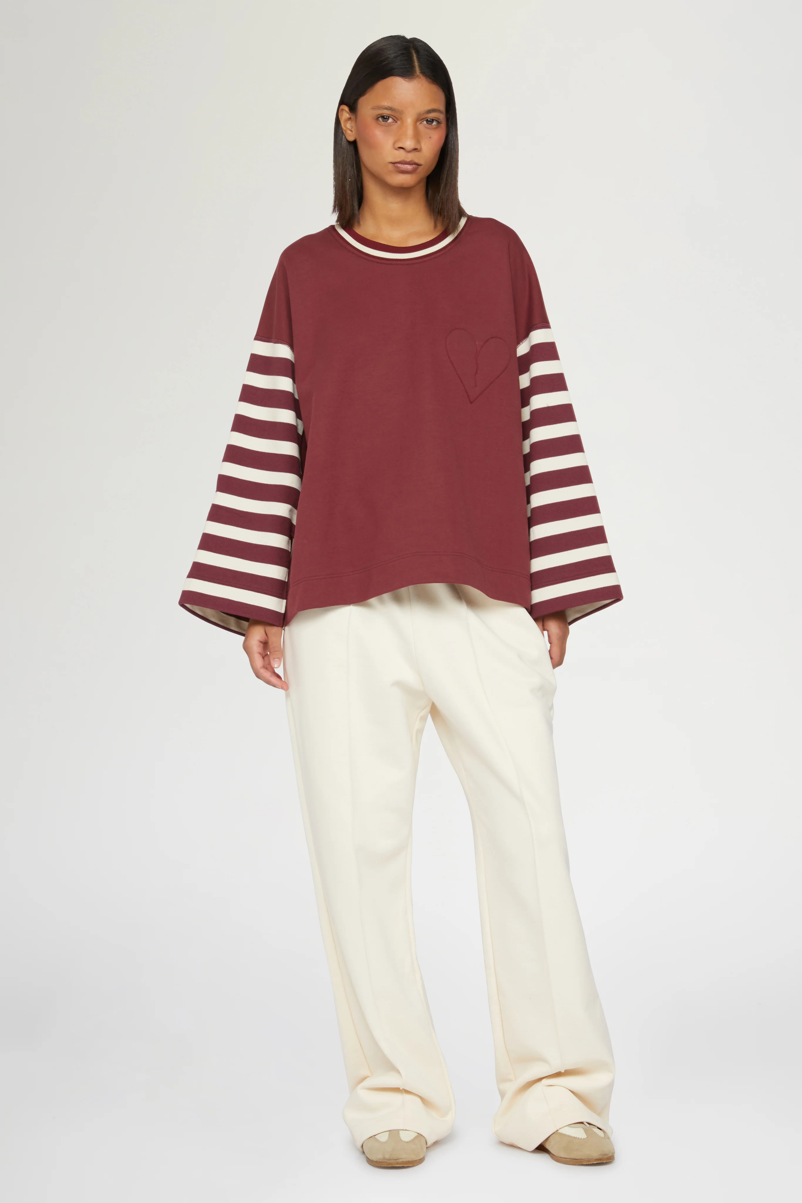 Bordeaux T-shirt with Striped Sleeves - Image 2