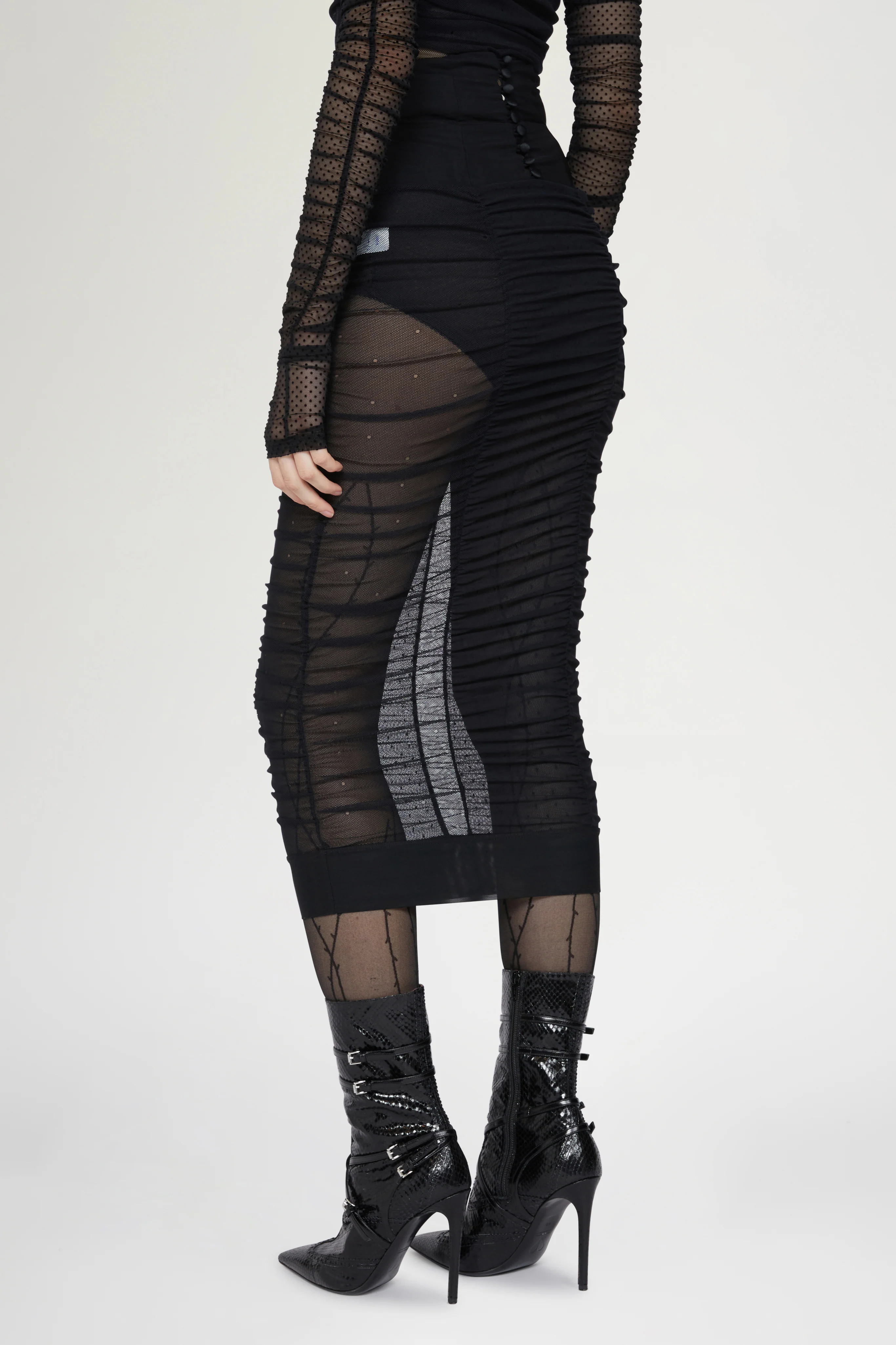 Black Tulle Bodycon Midi Skirt - Image 3