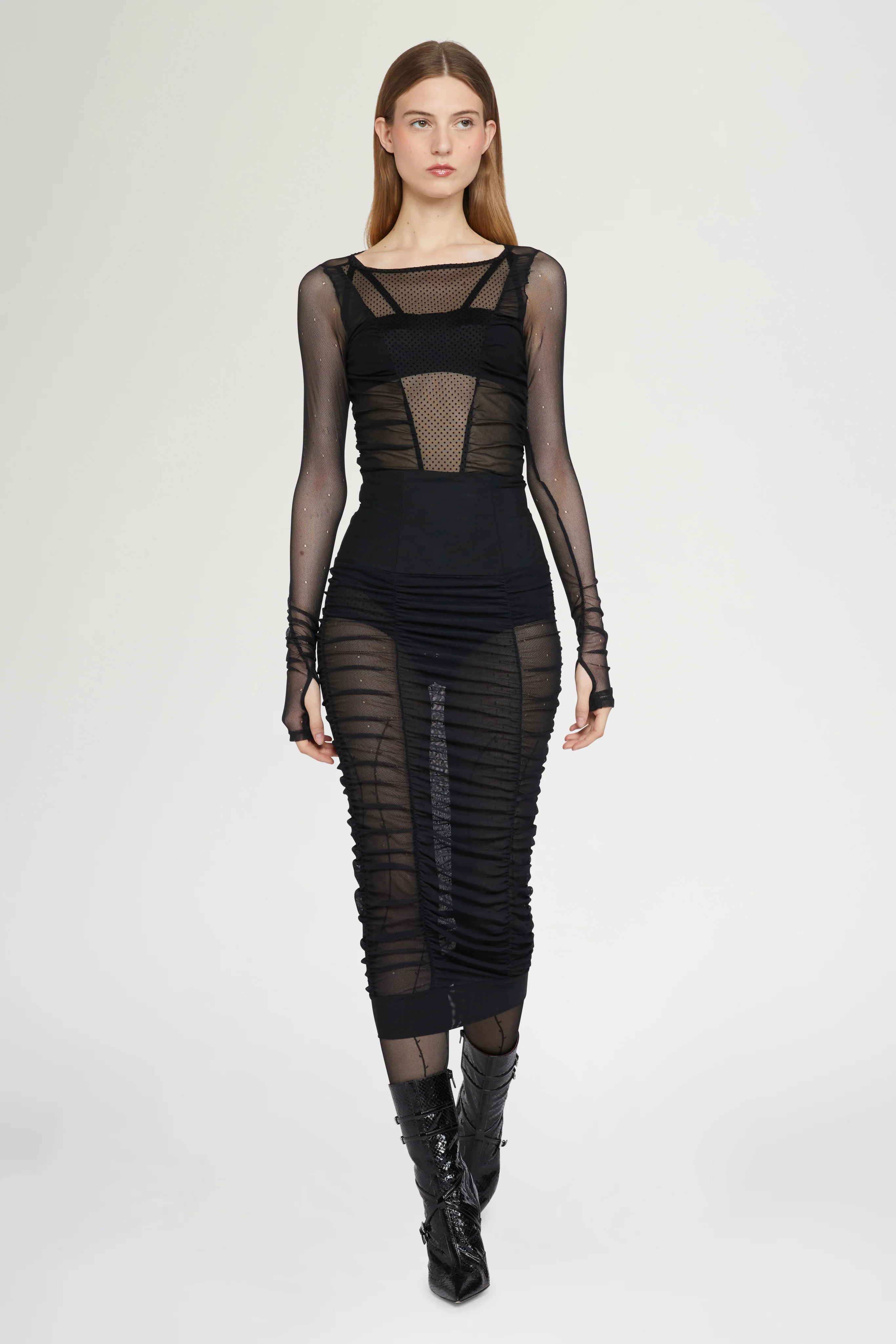 Black Tulle Bodysuit with Long Sleeves - Image 3