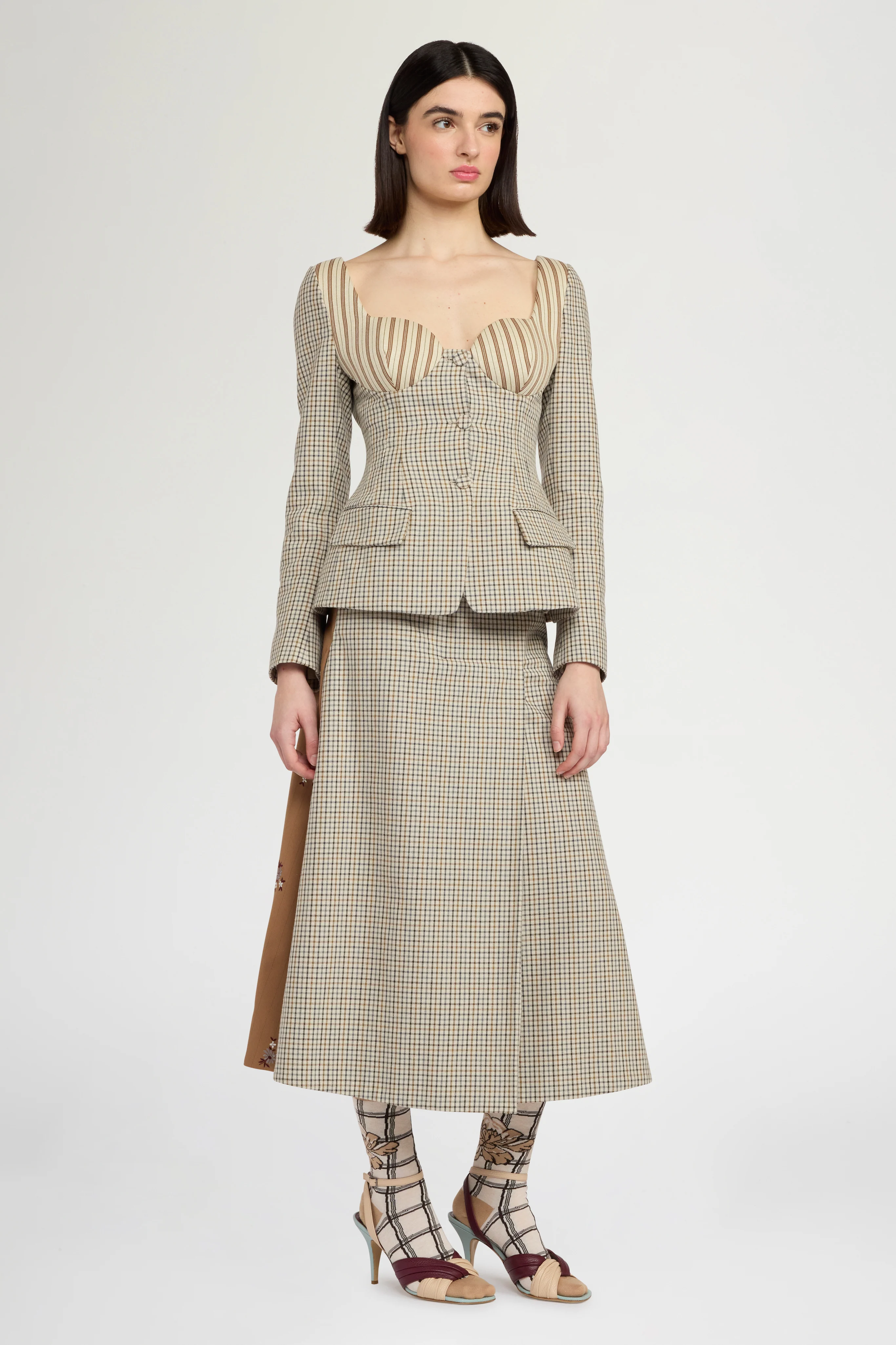 A-Line Skirt in Micro Check and Camel Pinstripe - Image 2