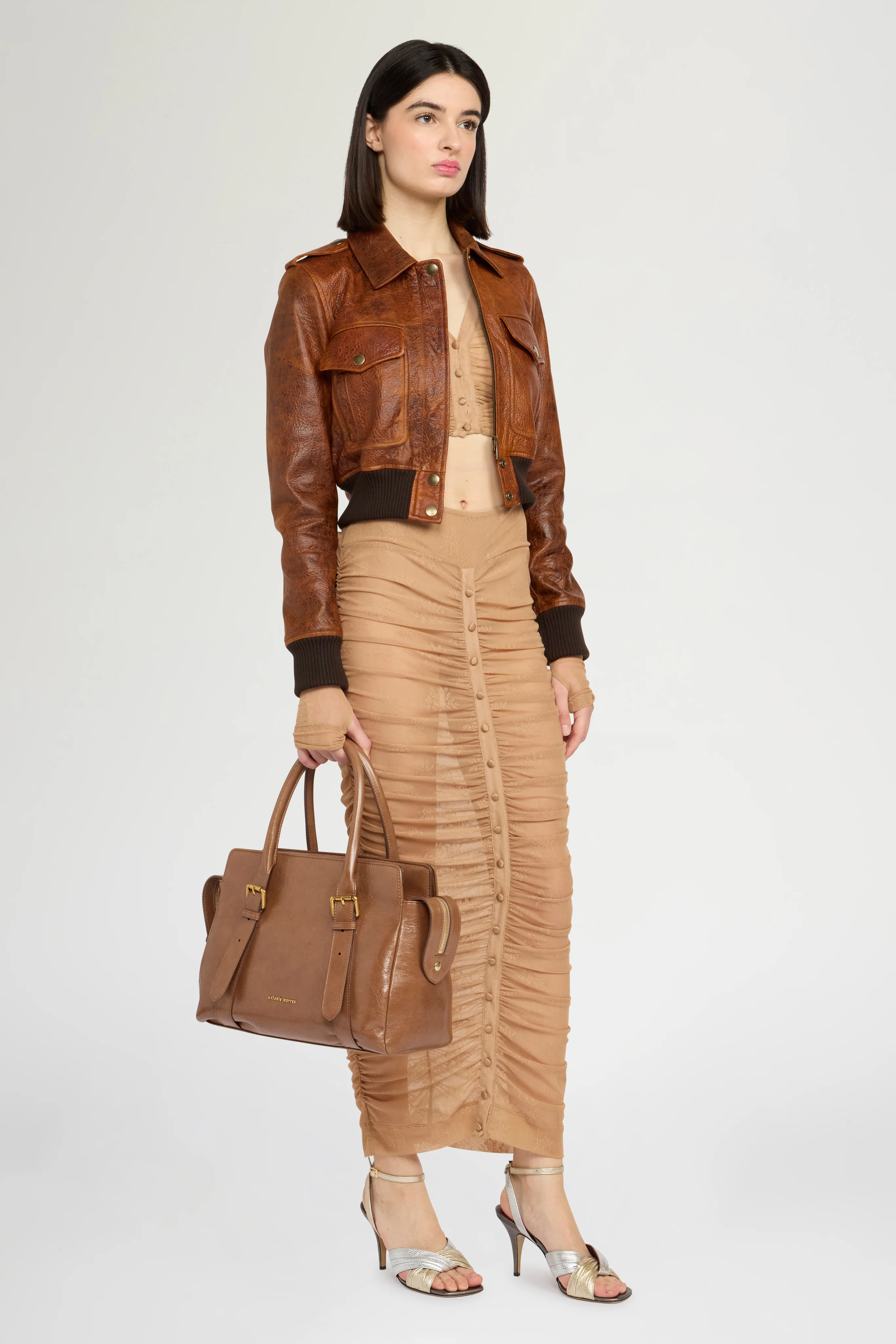 Beige Stretch Lace Longuette Skirt - Image 2