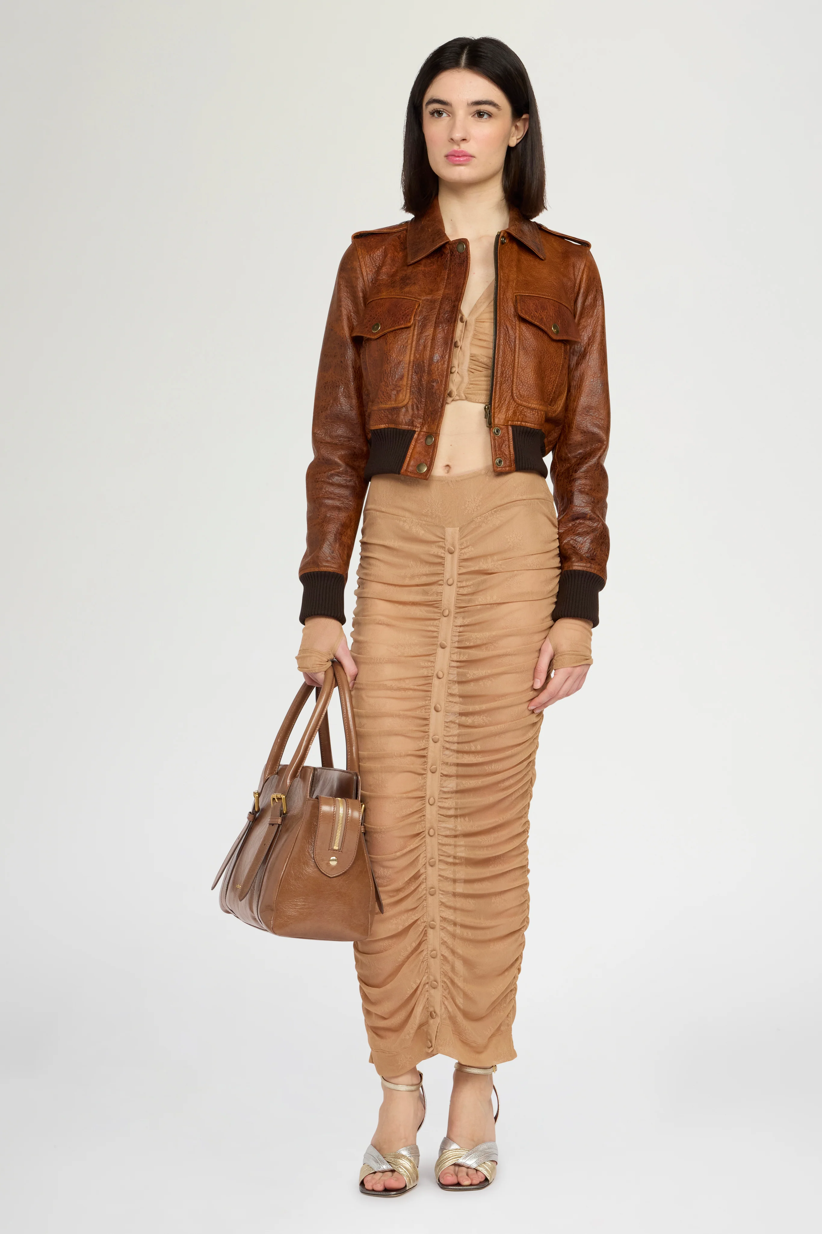 Cropped Cognac Leather Bomber Jacket - Image 2