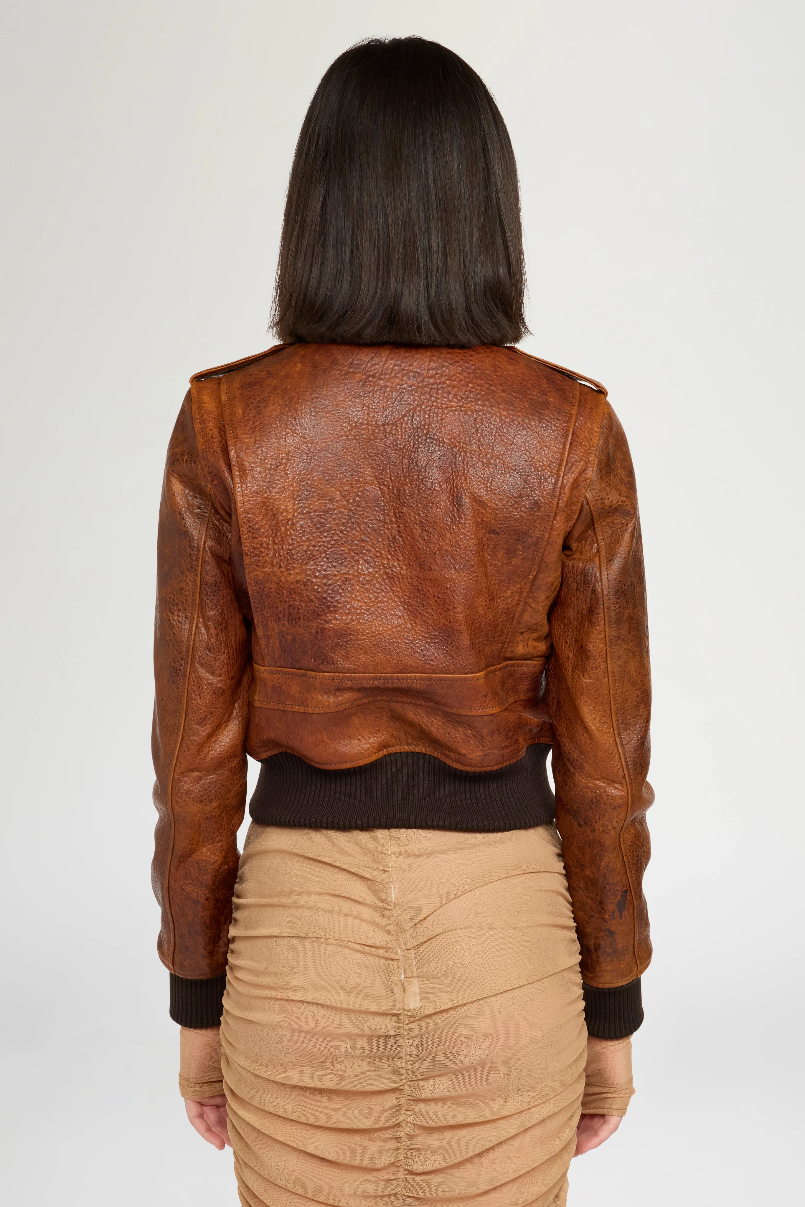 Cropped Cognac Leather Bomber Jacket - Image 3