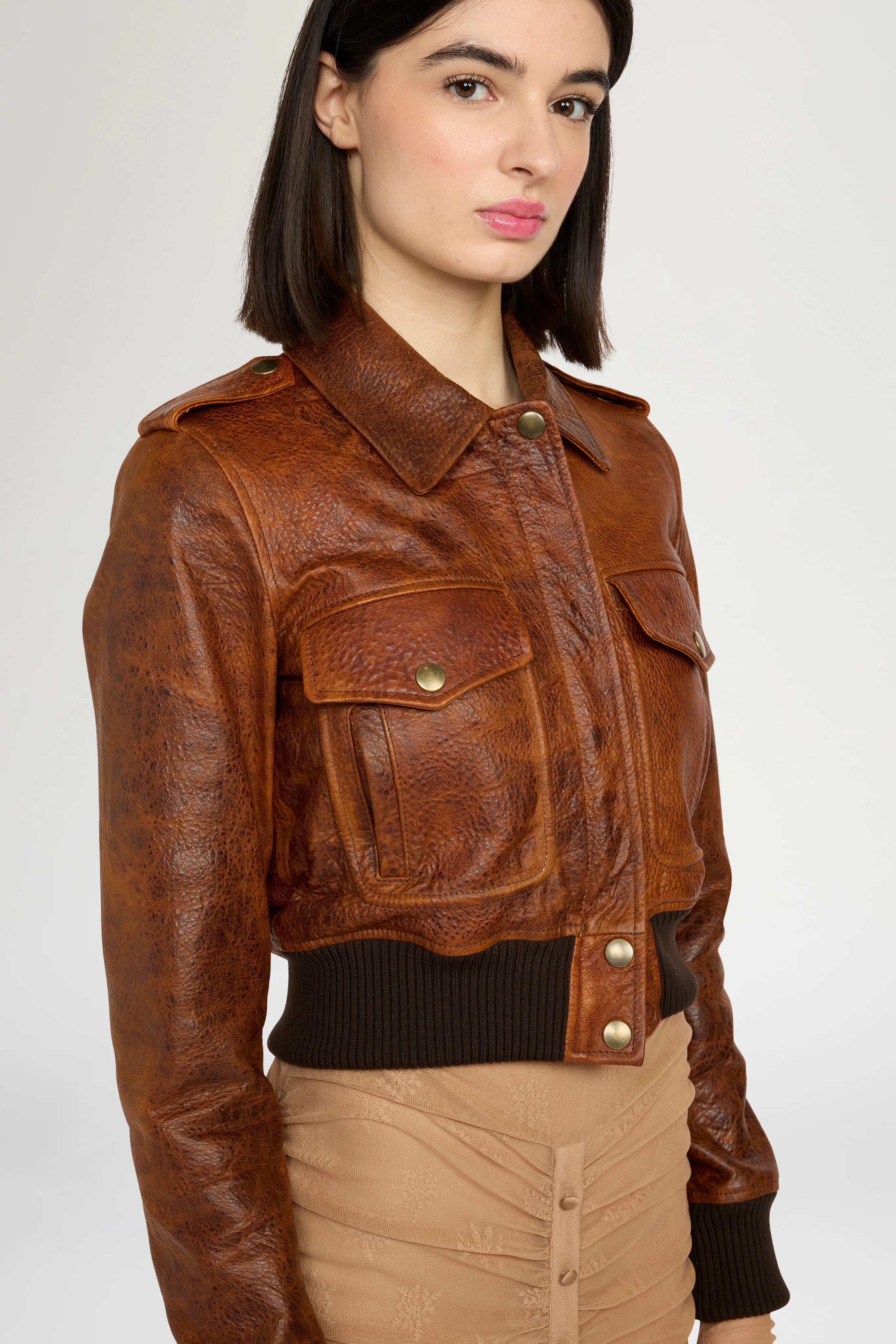 Cropped Cognac Leather Bomber Jacket - Image 4