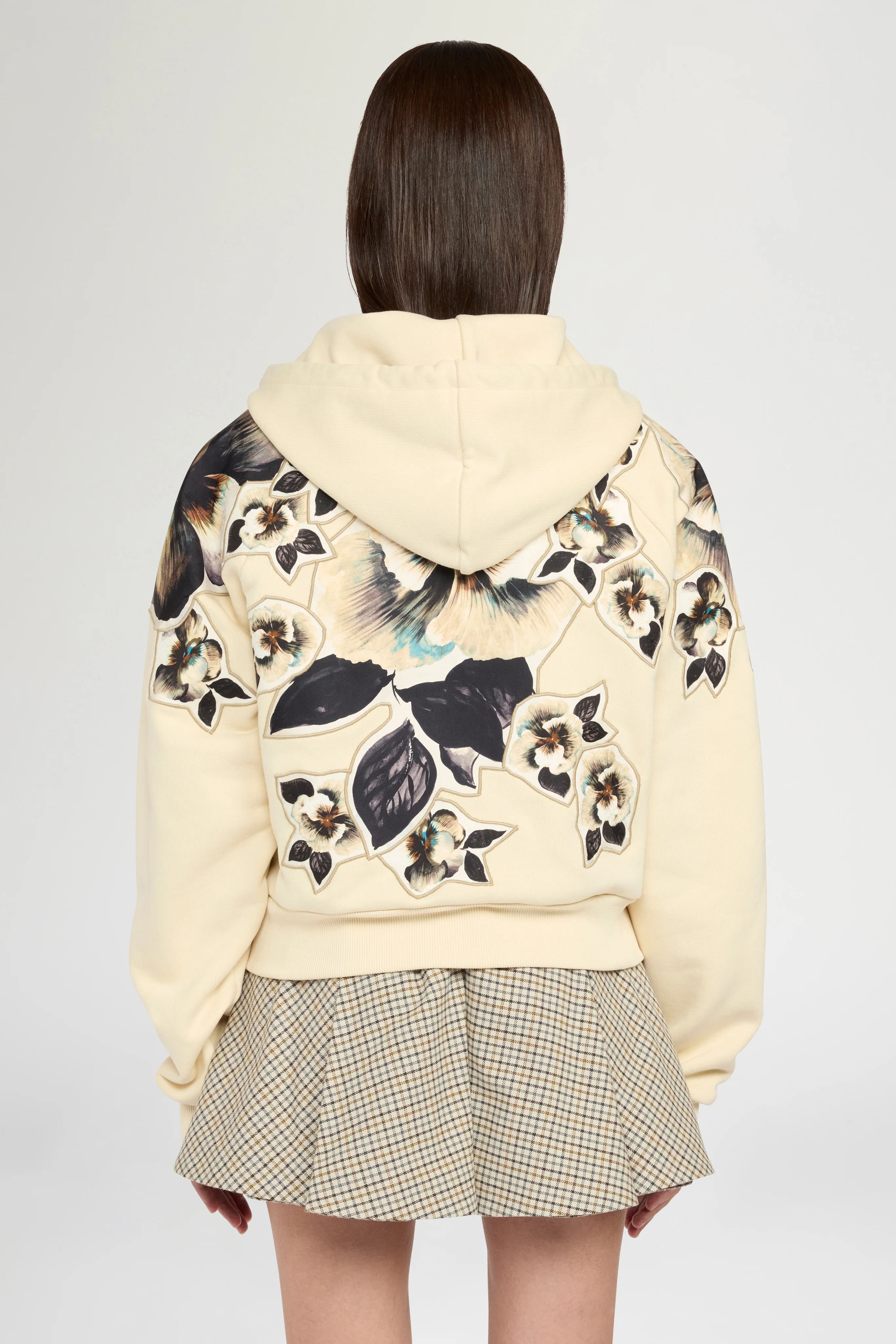 Cropped Hoodie with Floral Silk Inlays - Image 3