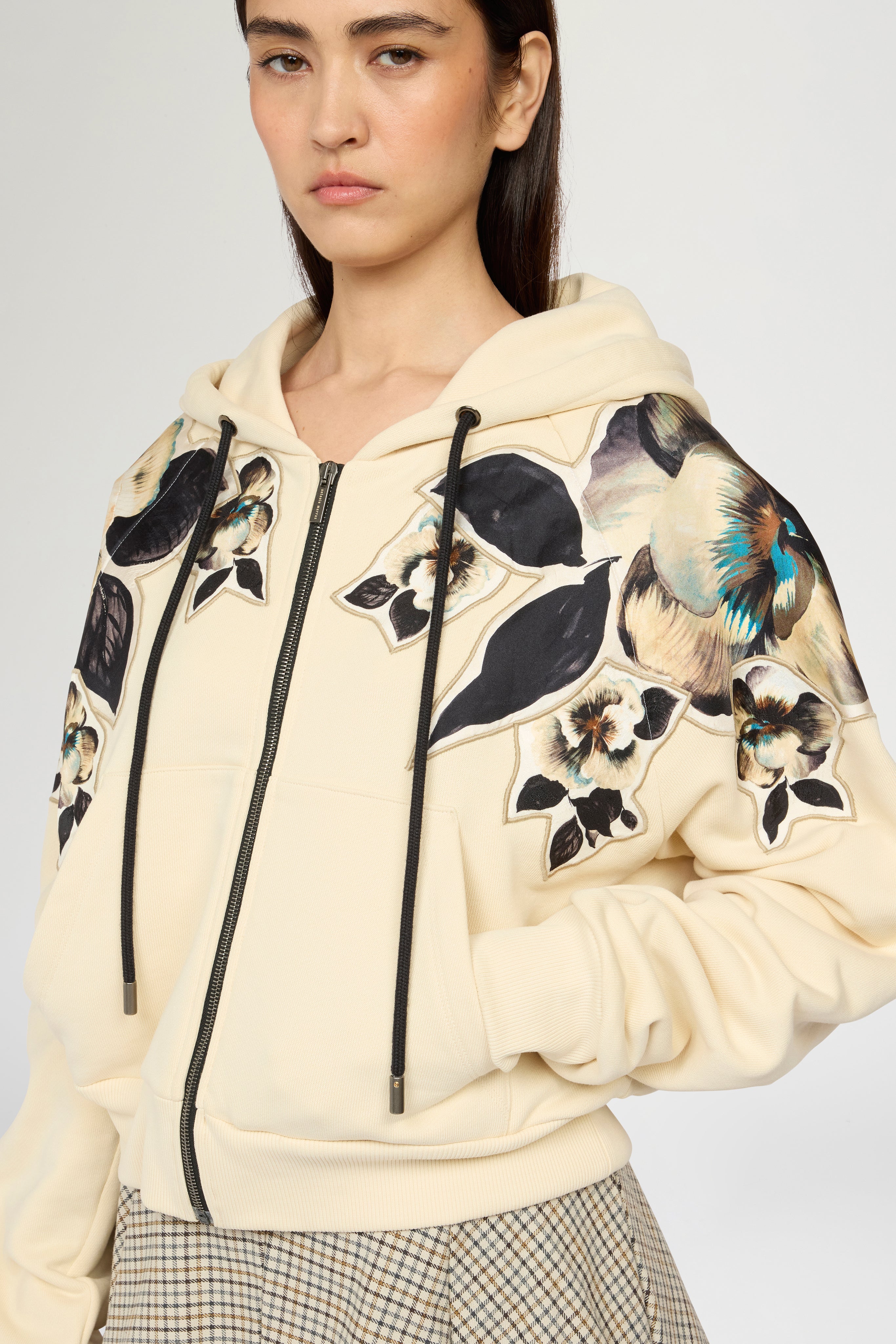 Cropped Hoodie with Floral Silk Inlays - Image 4
