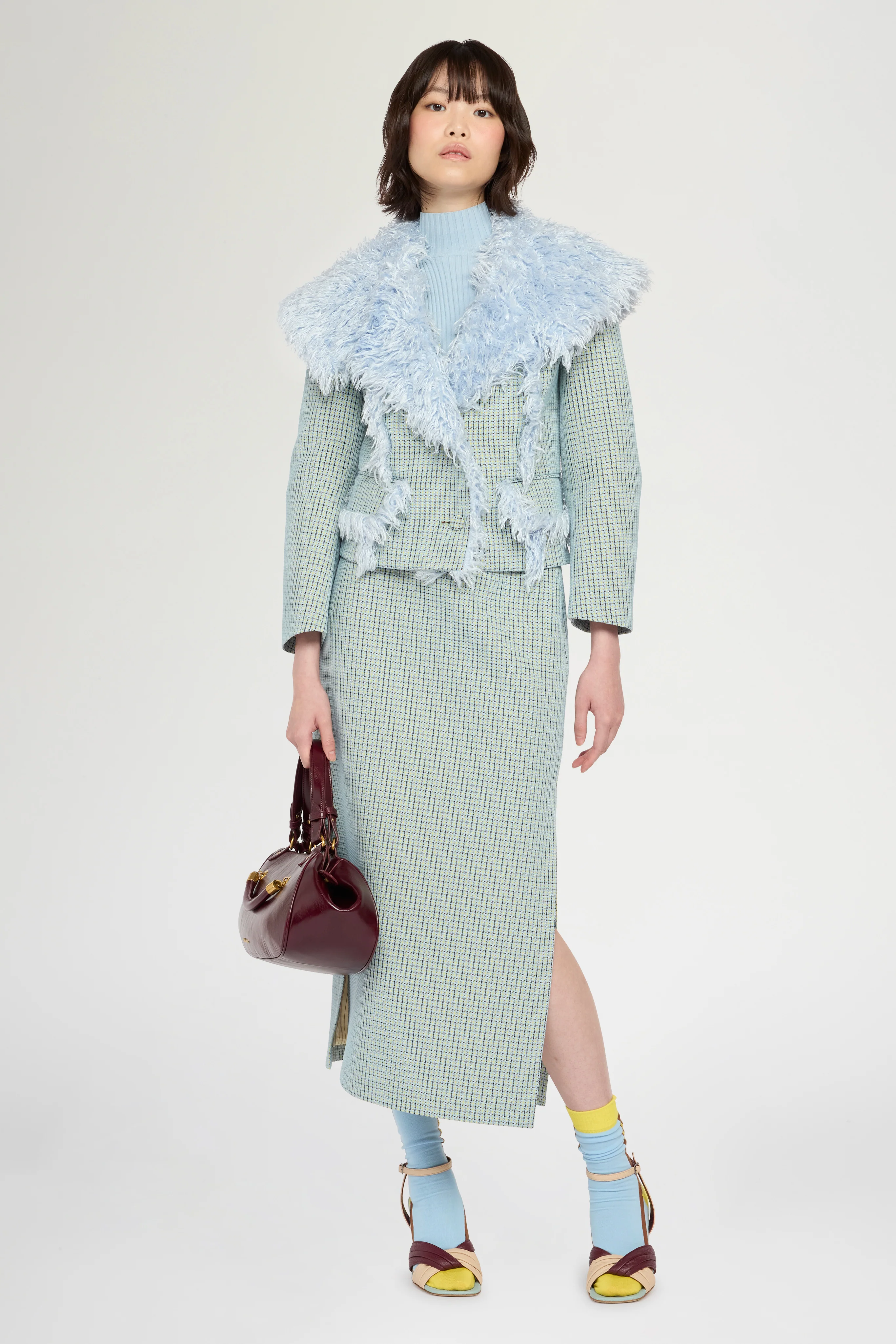 Cropped Jacquard Jacket with Light Blue Faux-Fur Collar - Image 2