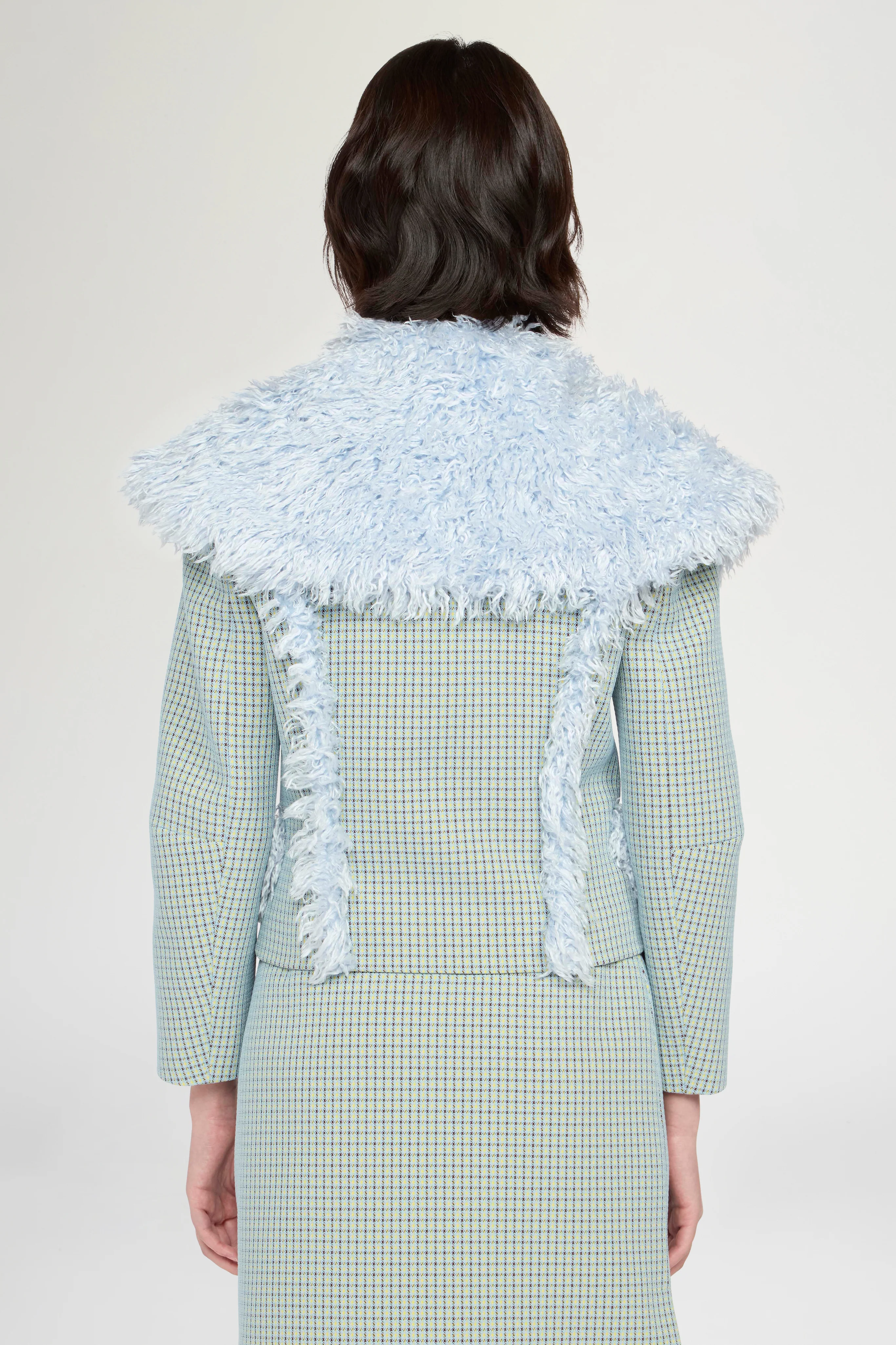 Cropped Jacquard Jacket with Light Blue Faux-Fur Collar - Image 3