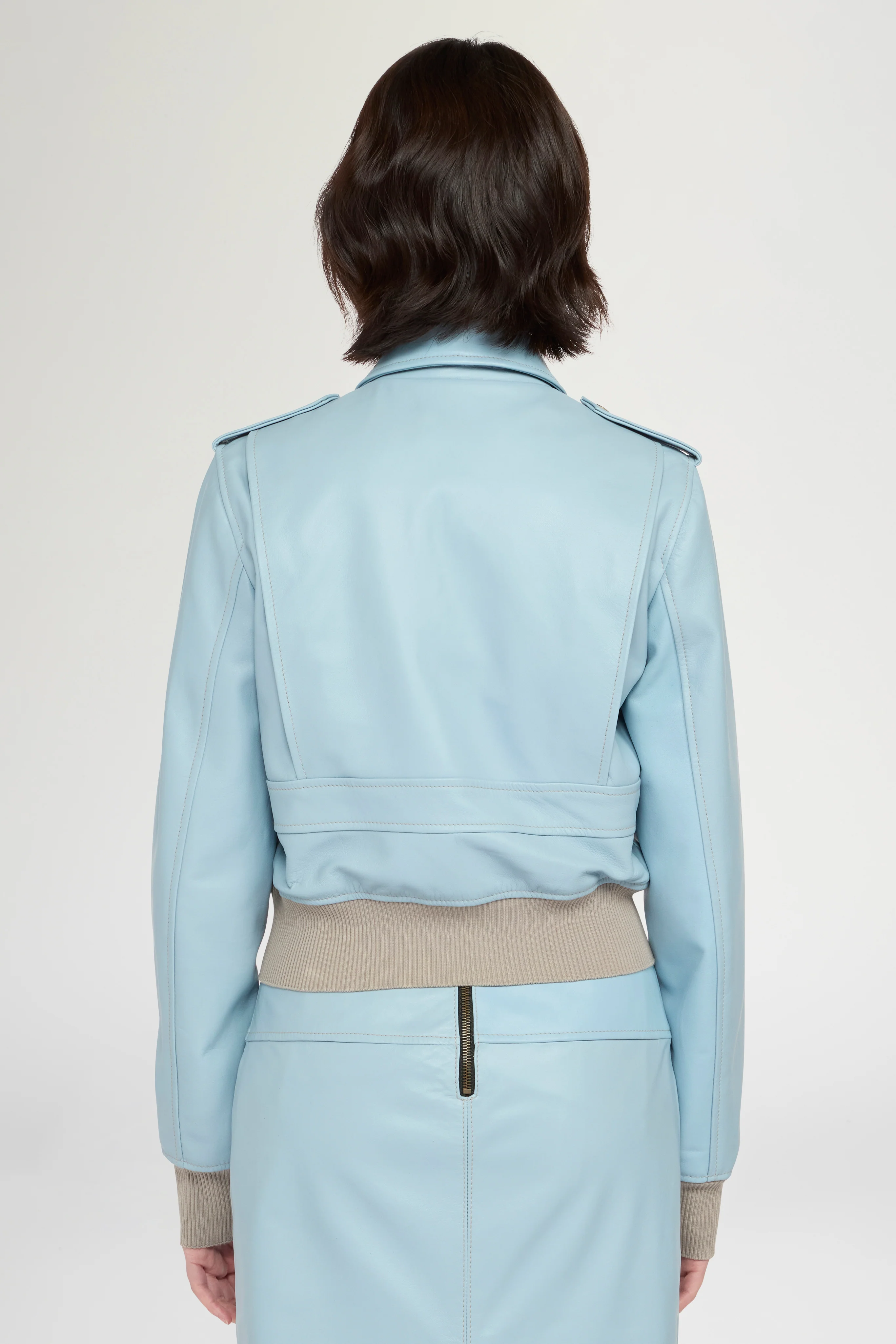Cropped Light Blue Leather Bomber Jacket - Image 3