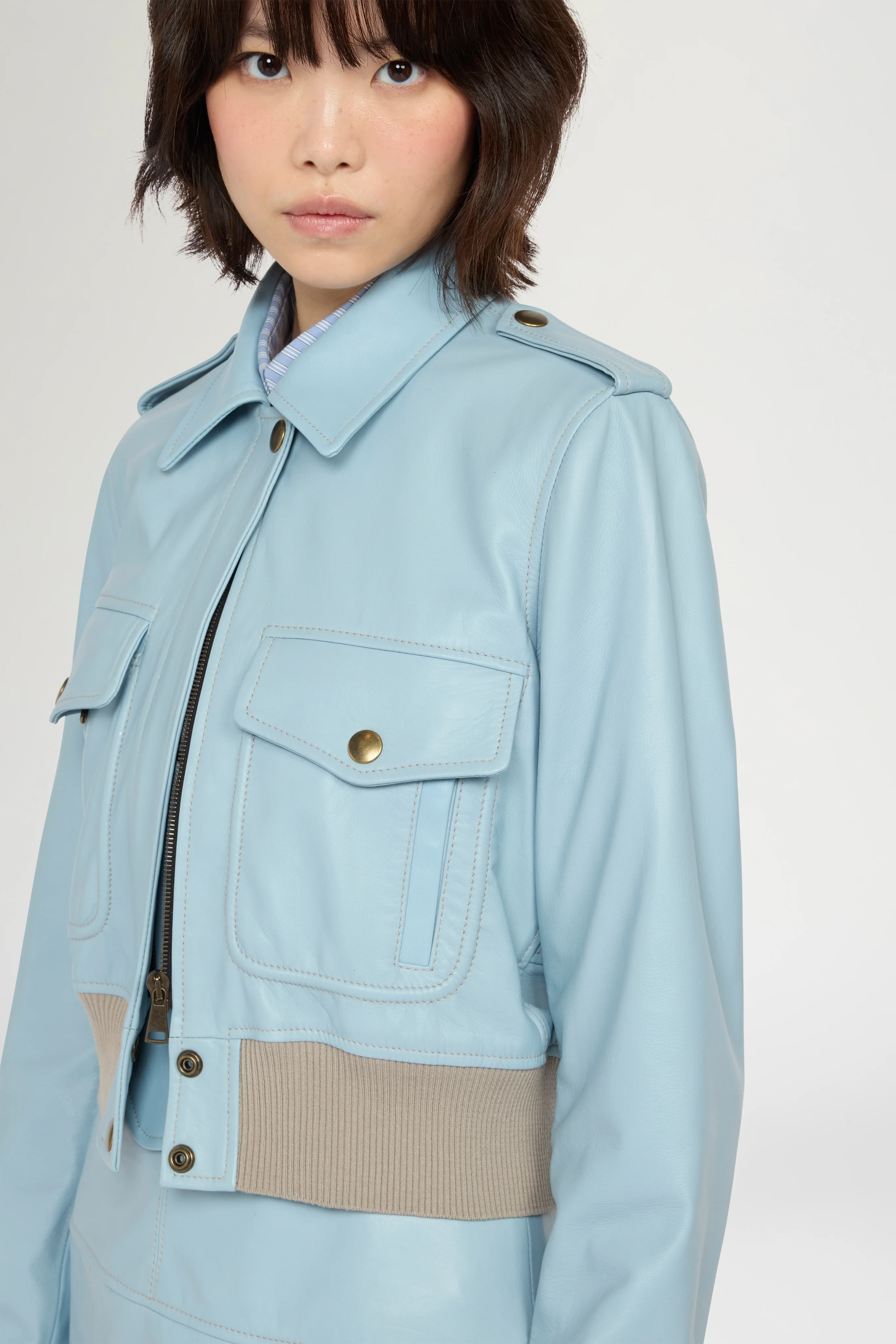 Cropped Light Blue Leather Bomber Jacket - Image 4