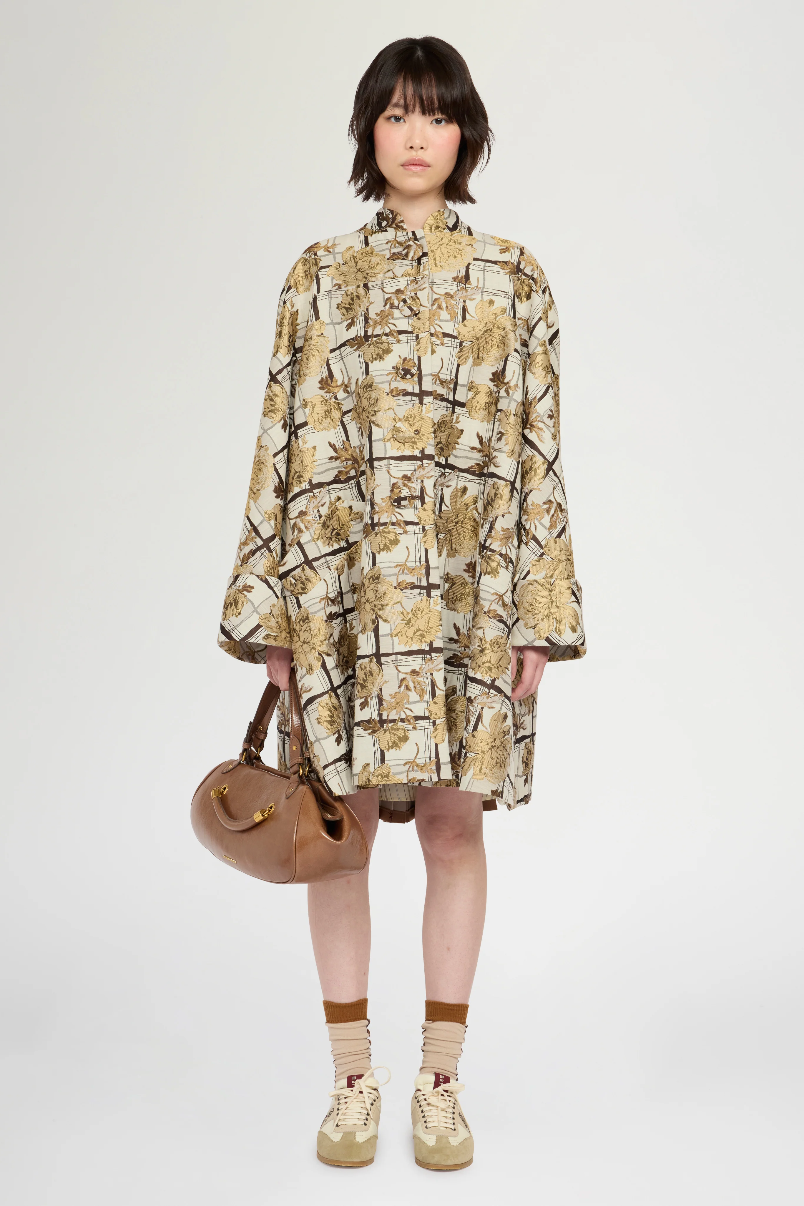 Flared Coat with Camel Pinstripe Pleated Insert - Image 2
