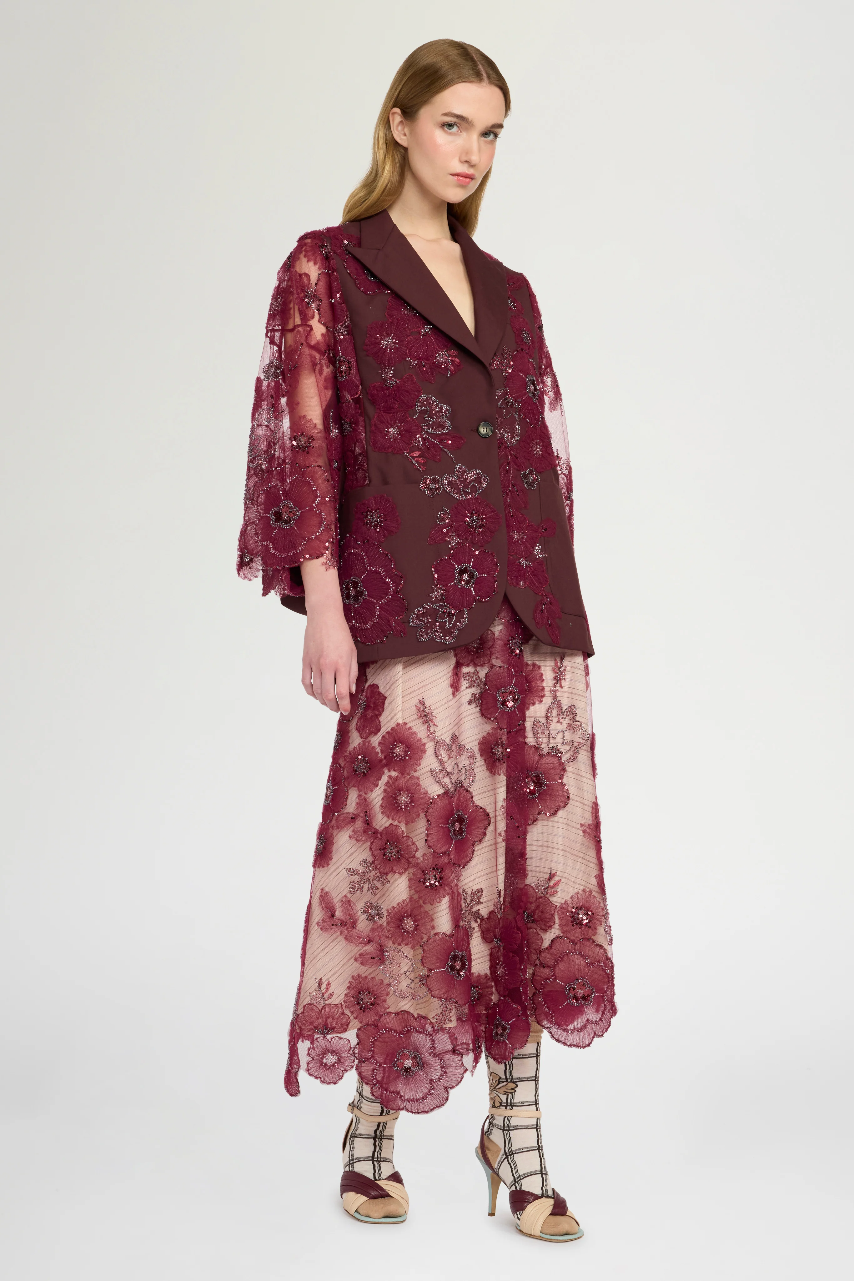 Jacket With Embroidered Tulle Kimono Sleeve - Image 2