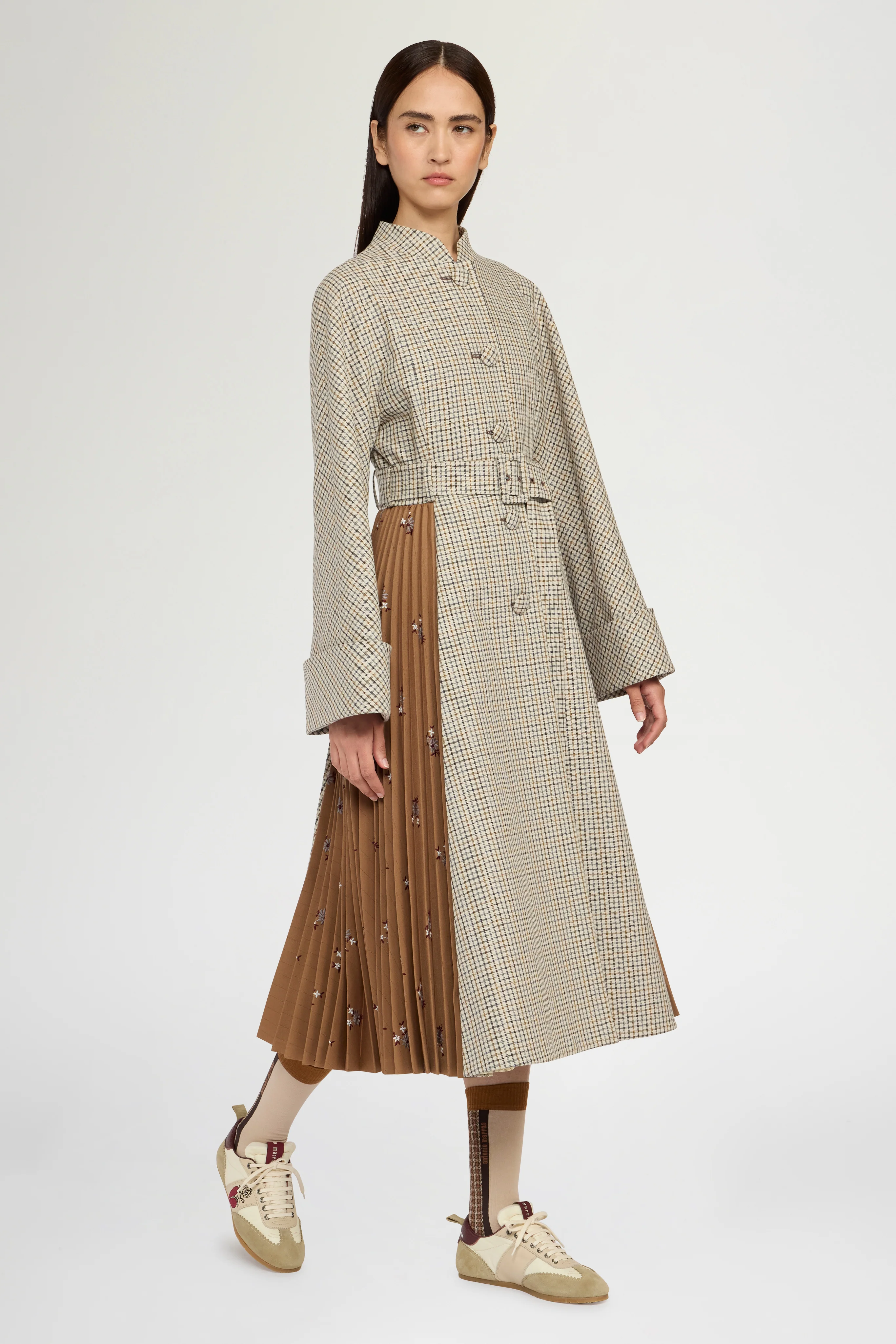 Long Micro Check Coat with Plissé Insert - Image 2