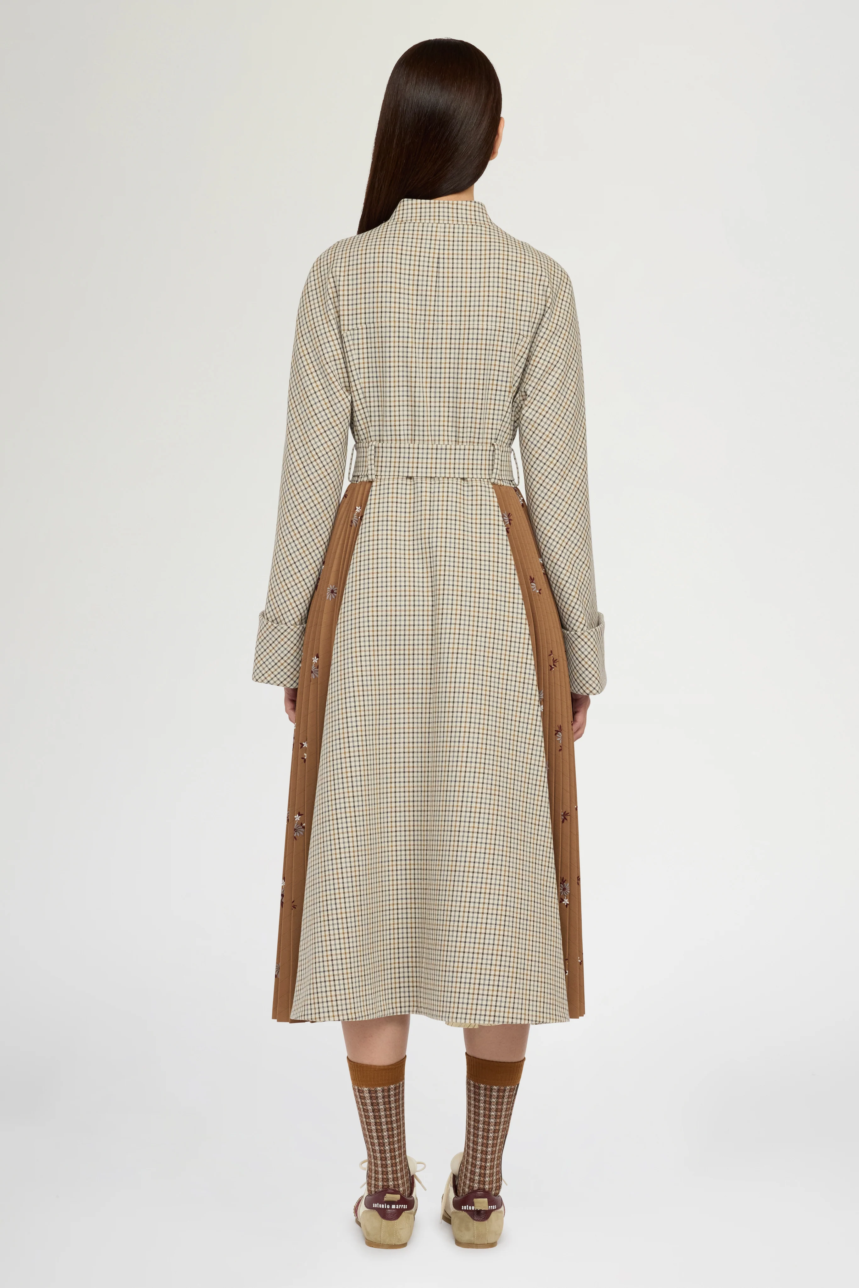 Long Micro Check Coat with Plissé Insert - Image 3