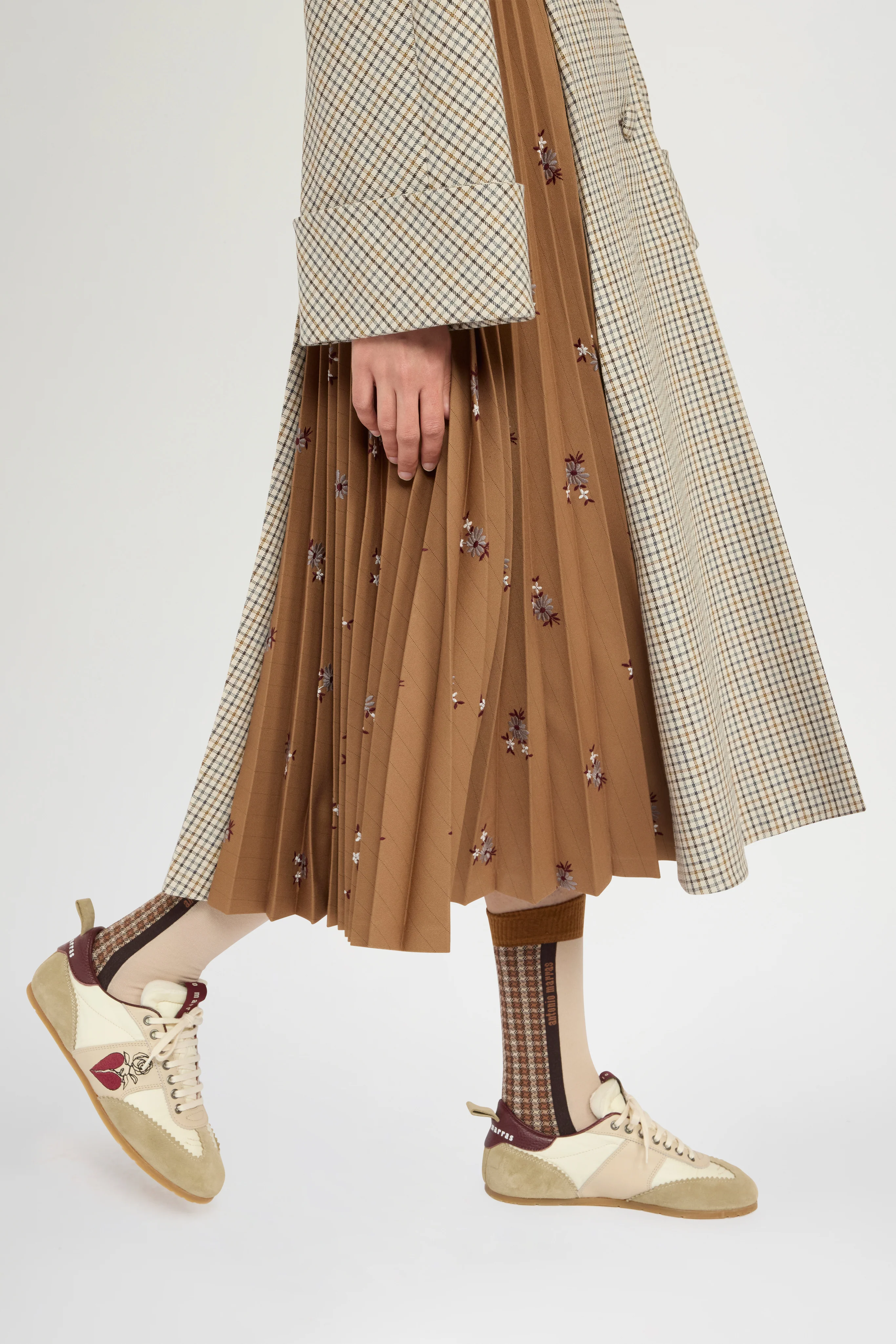 Long Micro Check Coat with Plissé Insert - Image 4