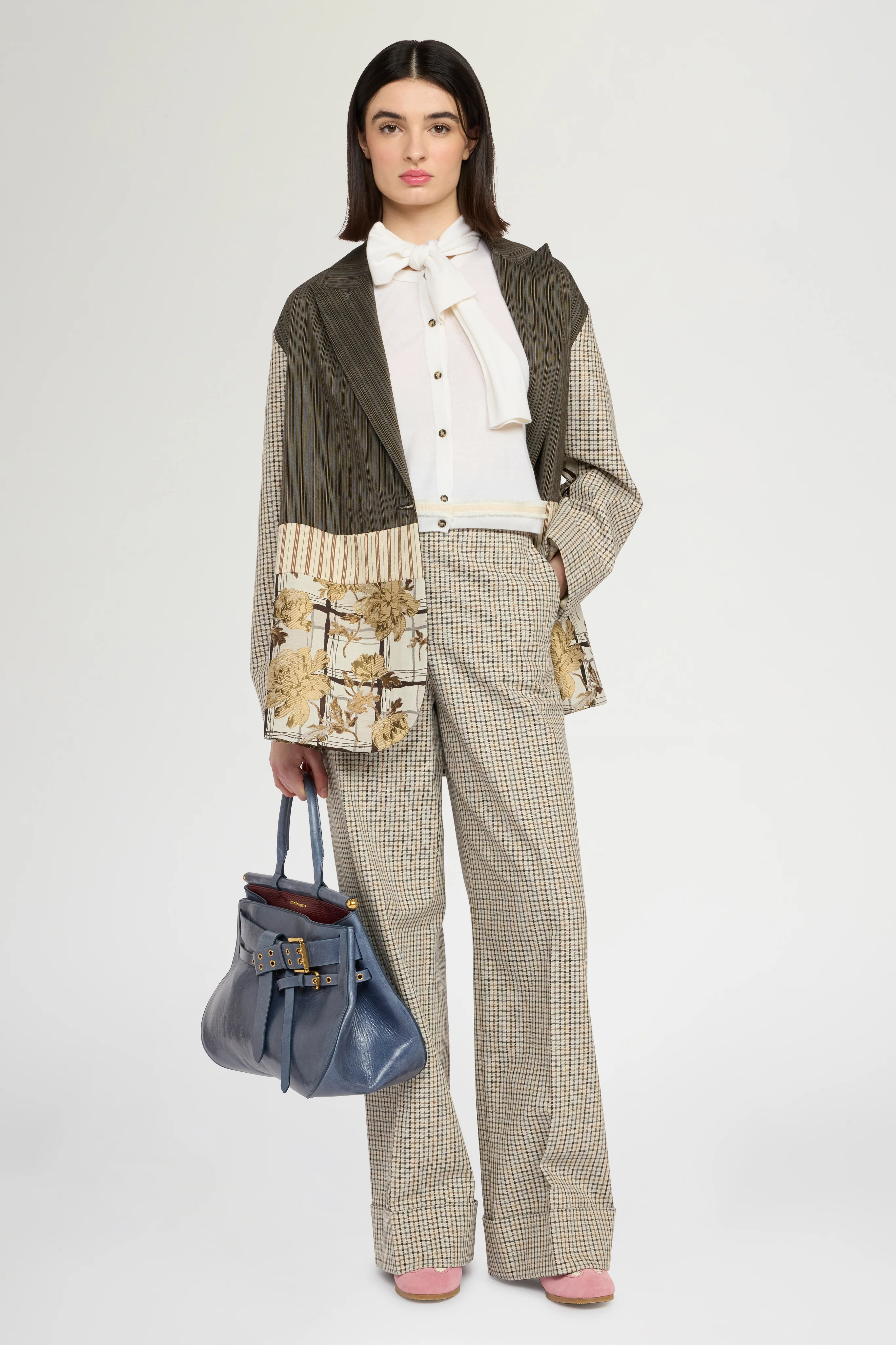 Micro Check Trousers with Turned-up Hem - Image 2