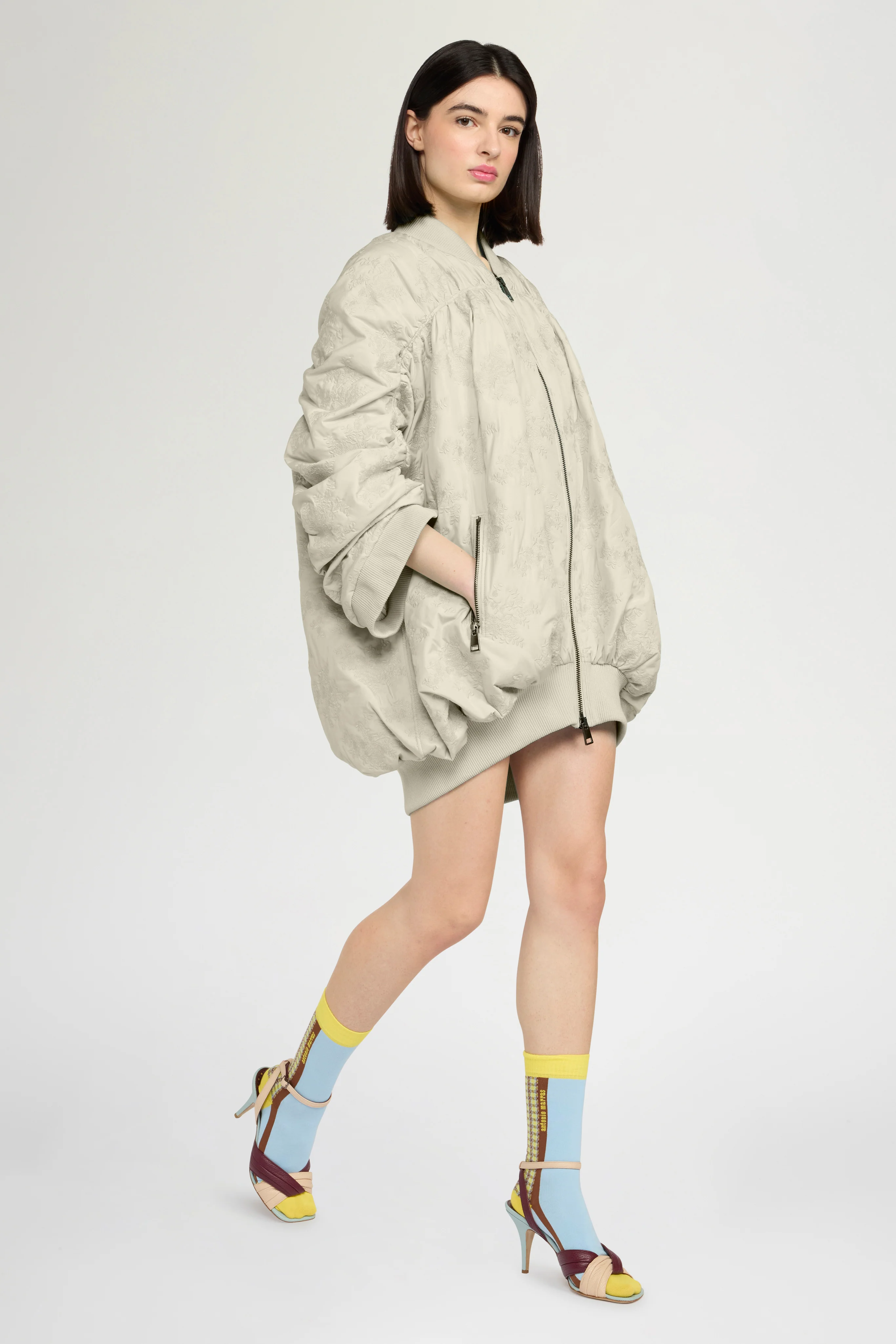 Oversized Gathered Bomber in Floral-Quilted Nylon - Image 2