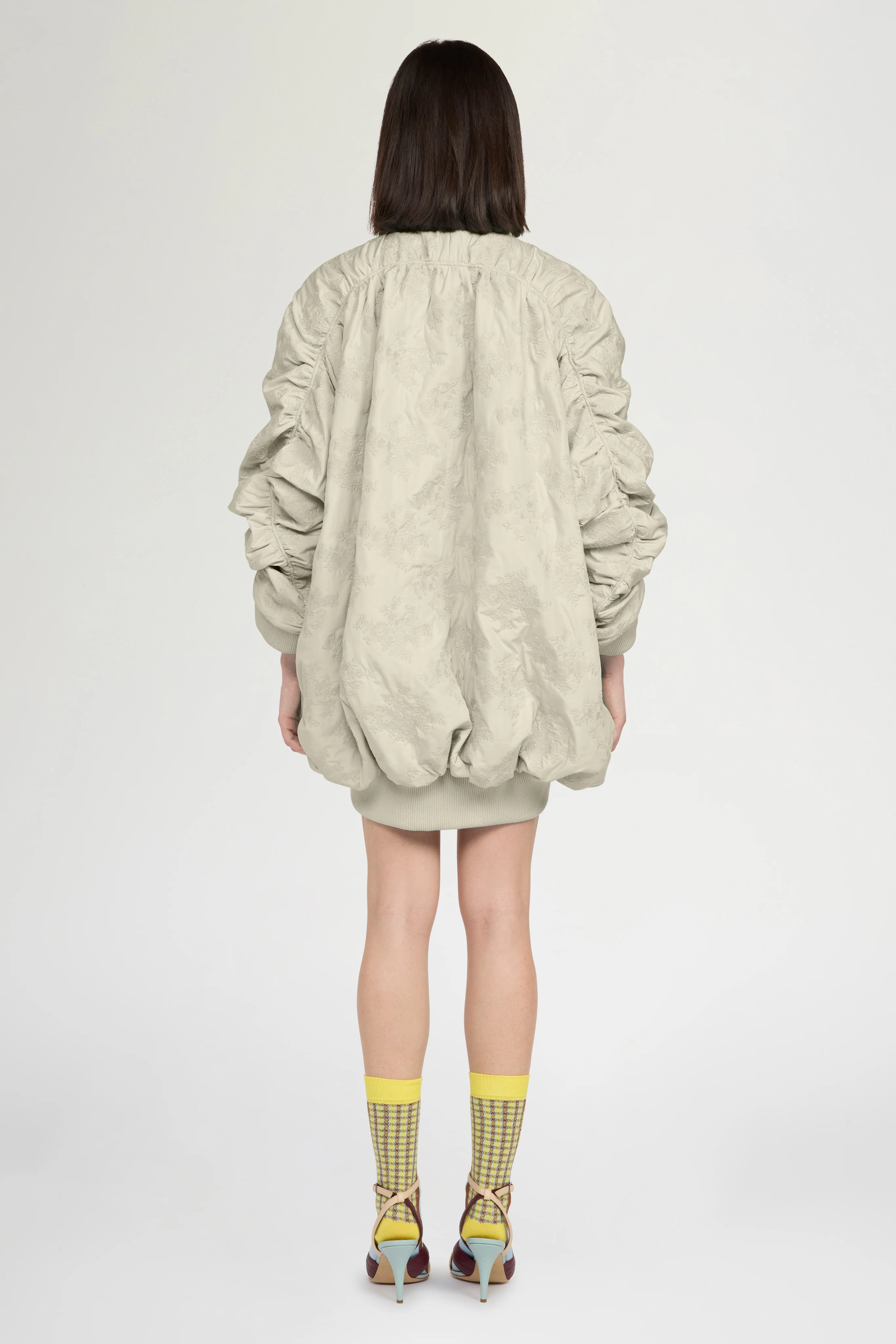 Oversized Gathered Bomber in Floral-Quilted Nylon - Image 3