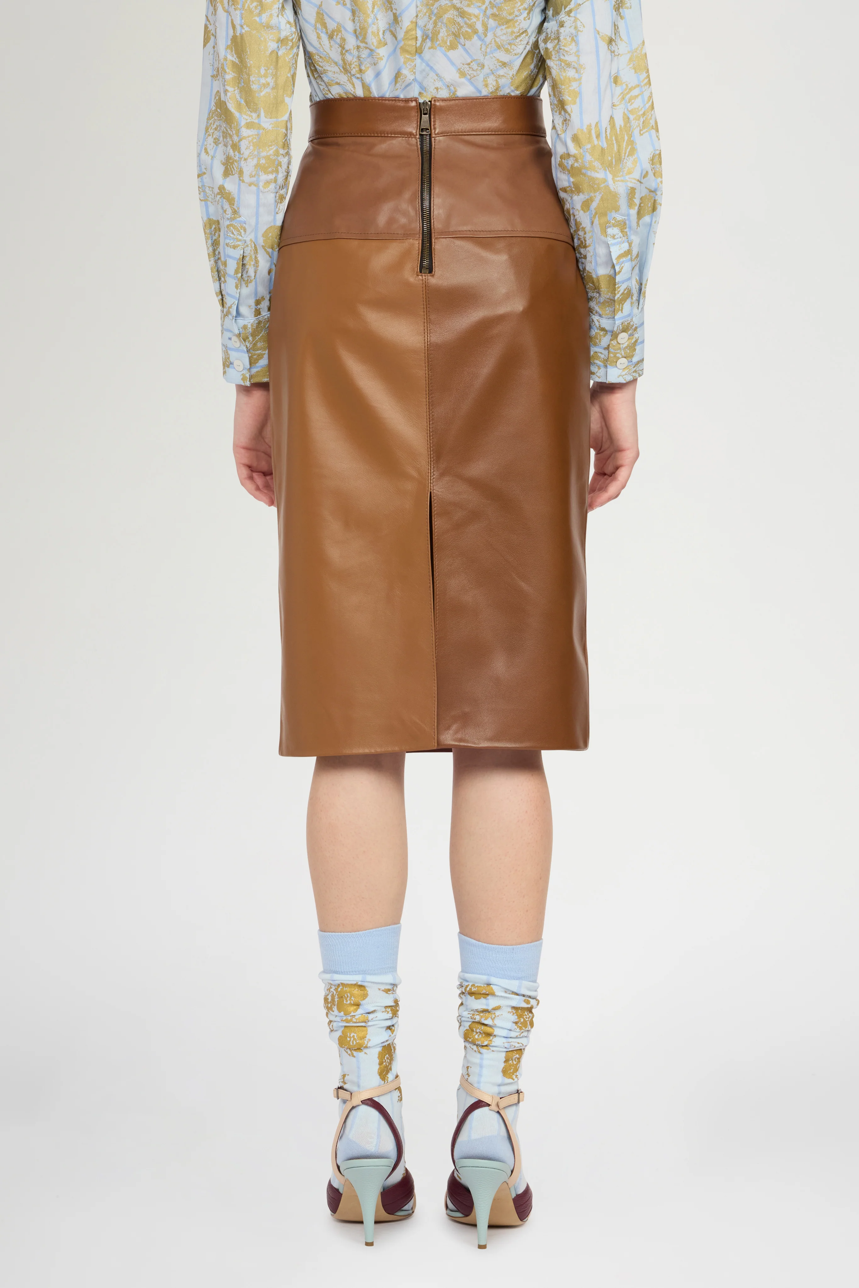 Patchwork Leather Midi Skirt In Cognac - Image 3