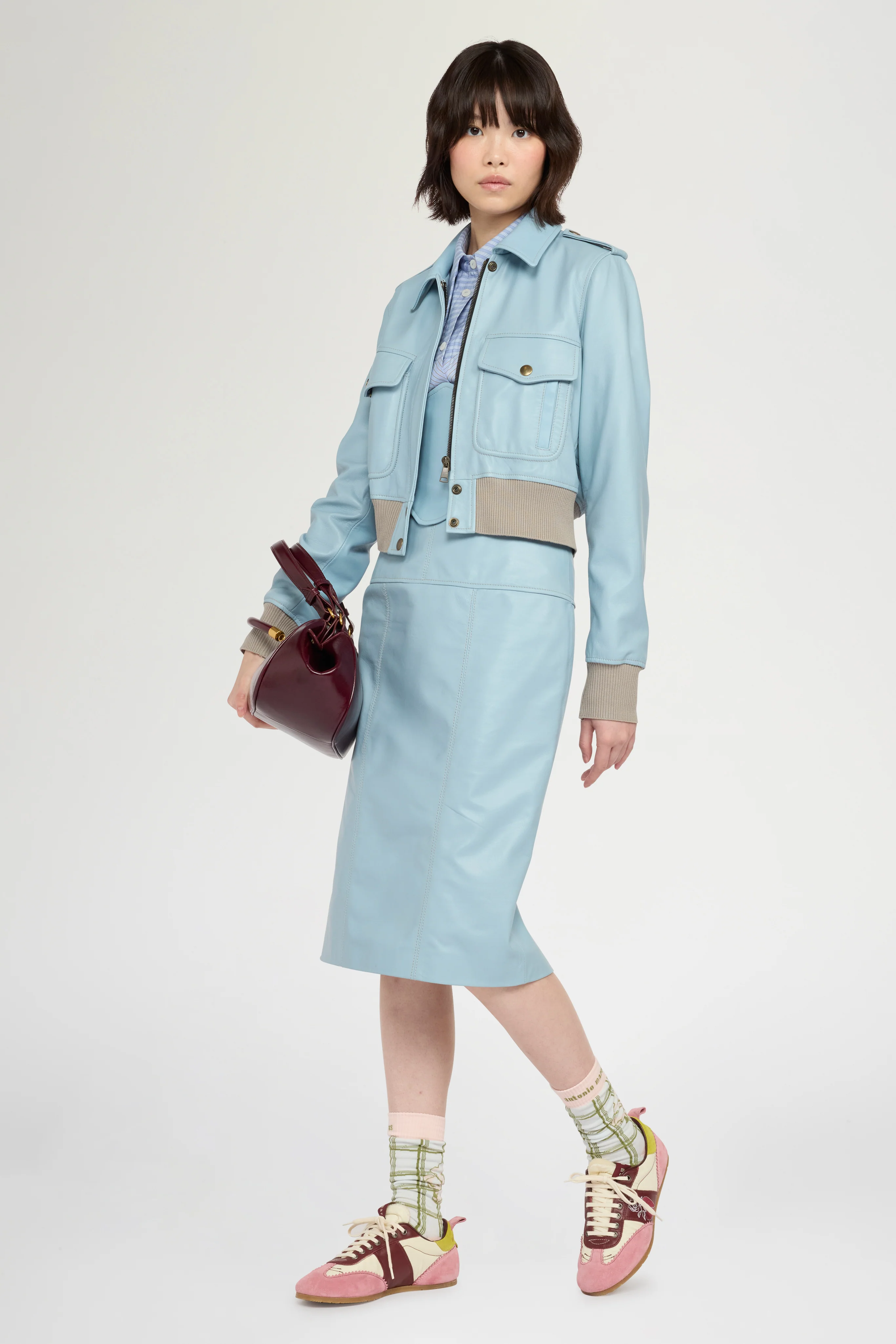 Patchwork Leather Midi Skirt In Light Blue - Image 2