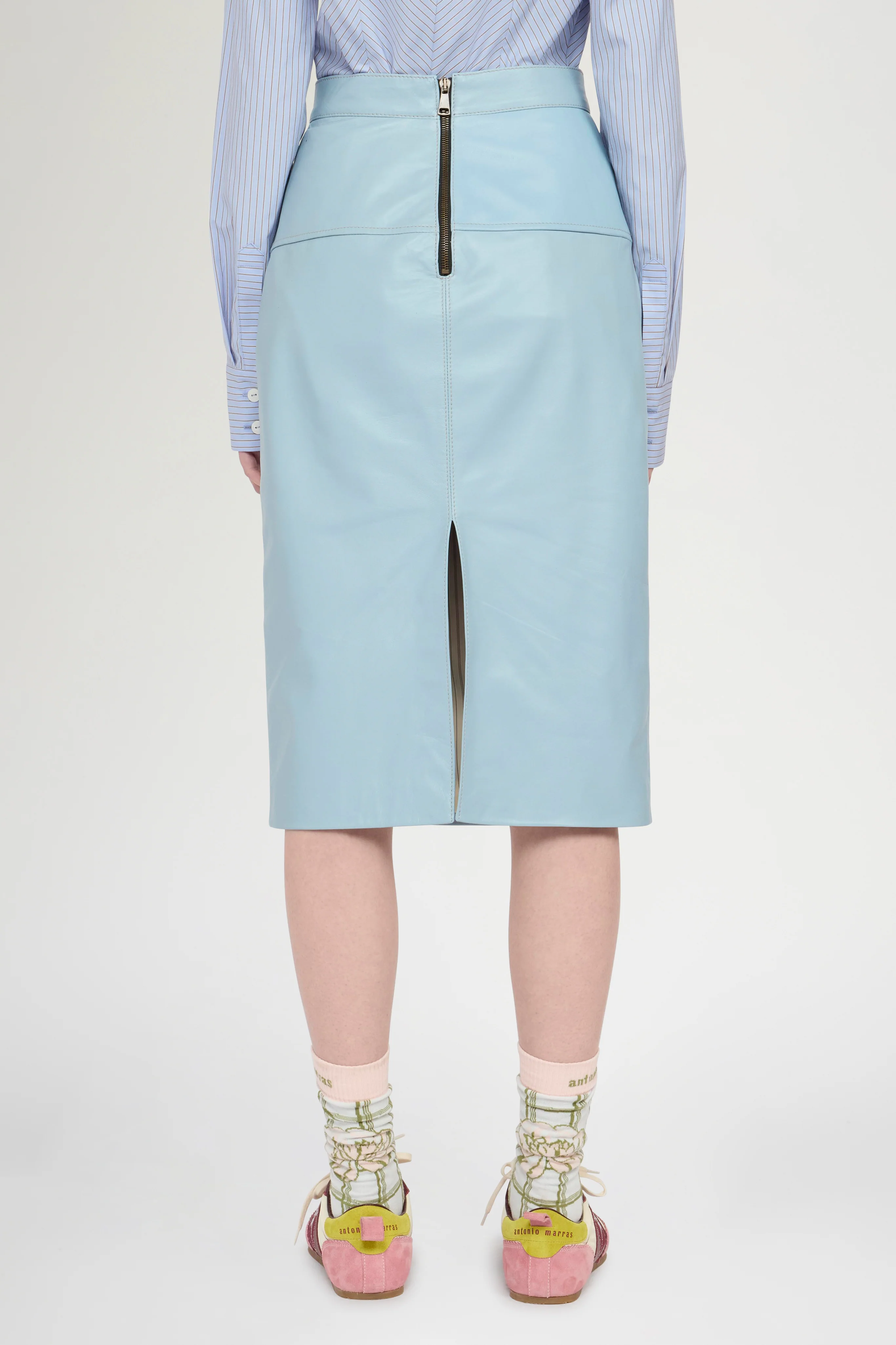 Patchwork Leather Midi Skirt In Light Blue - Image 3