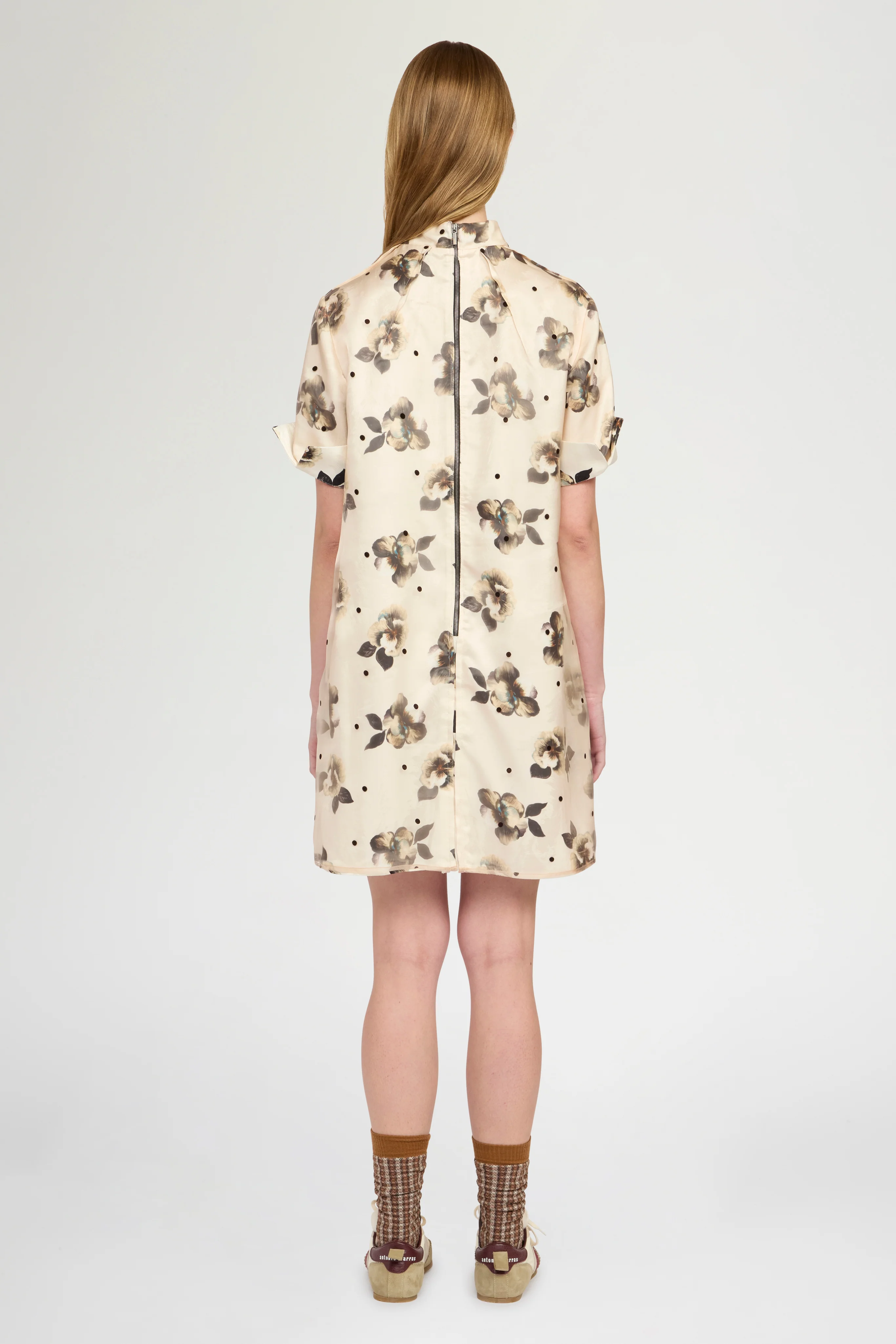 Short-Sleeve Dress in Moiré Damask and Polka Dot Organza - Image 3