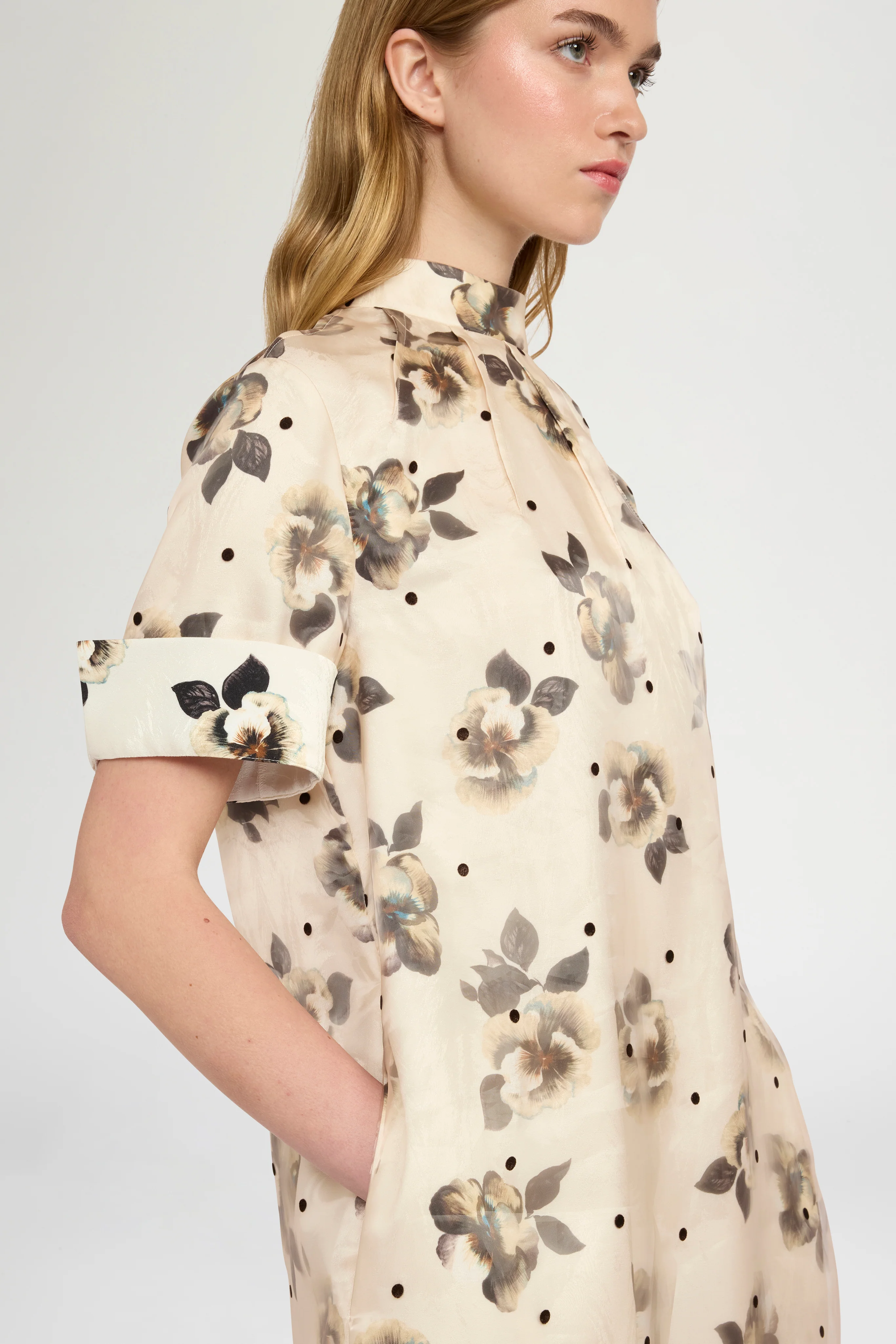Short-Sleeve Dress in Moiré Damask and Polka Dot Organza - Image 4