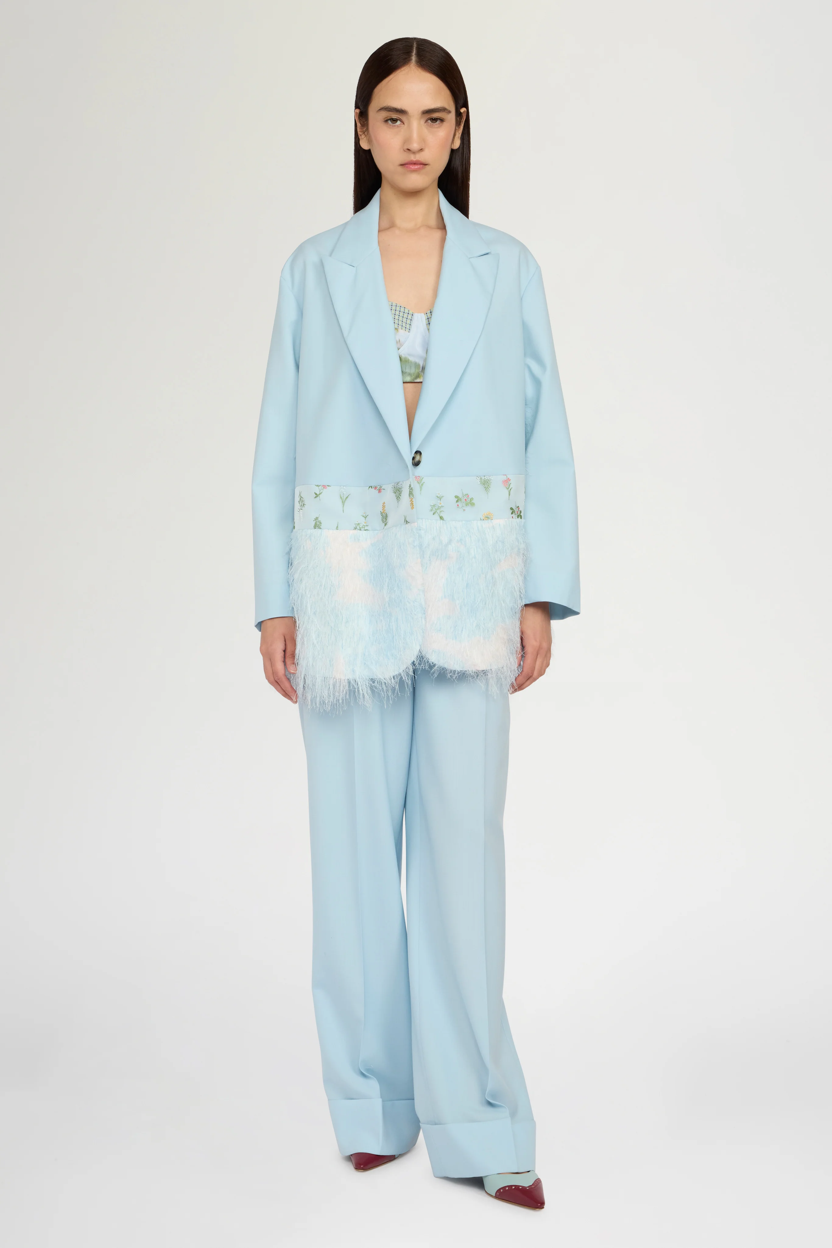 Single-Breasted Light Blue Duchesse Blazer with Inserts - Image 2
