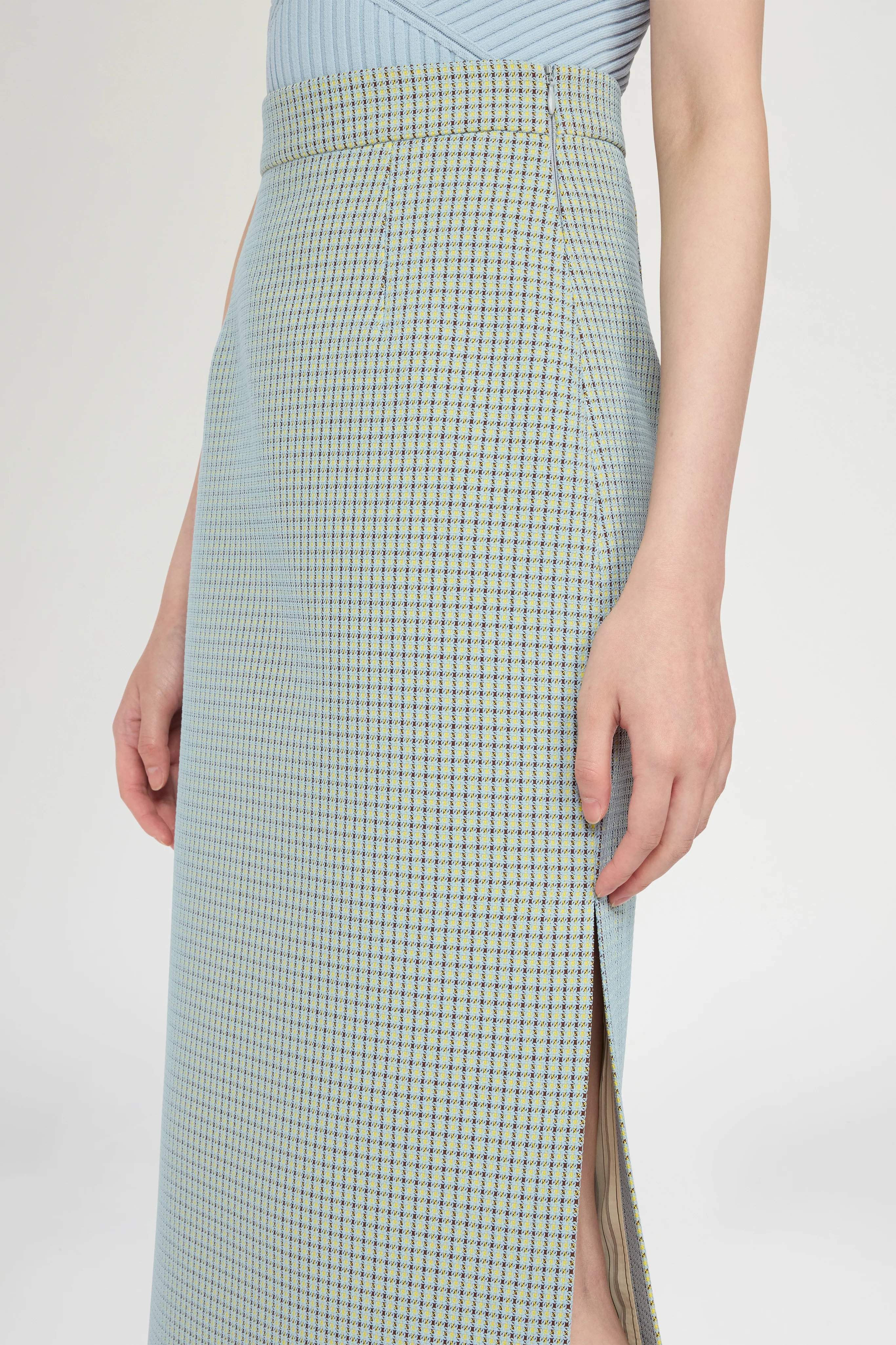 Slim-Fit Checked Midi Pencil Skirt with Side Slits - Image 4