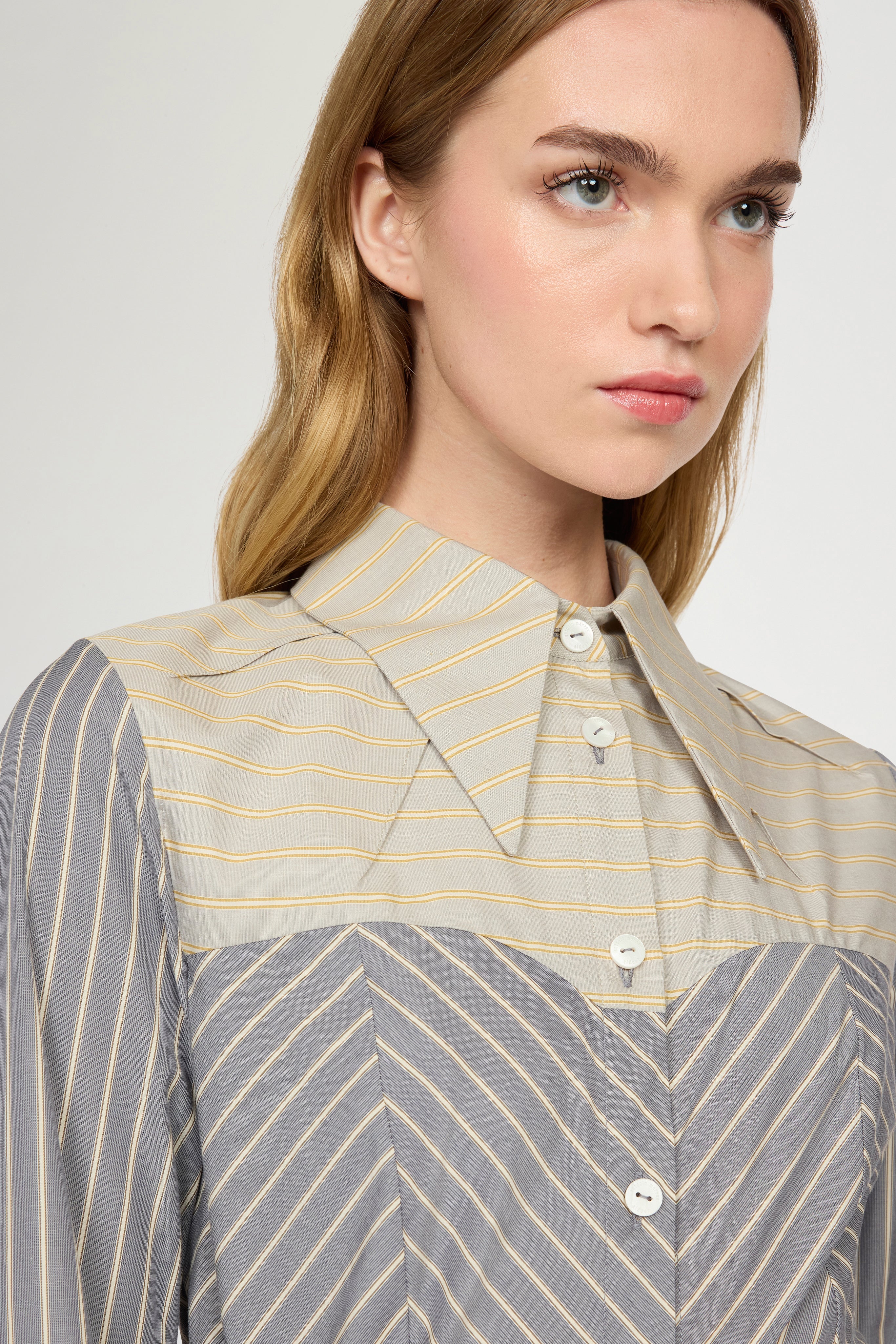 Slim Shirt with Contrasting Beige Striped Insert - Image 4