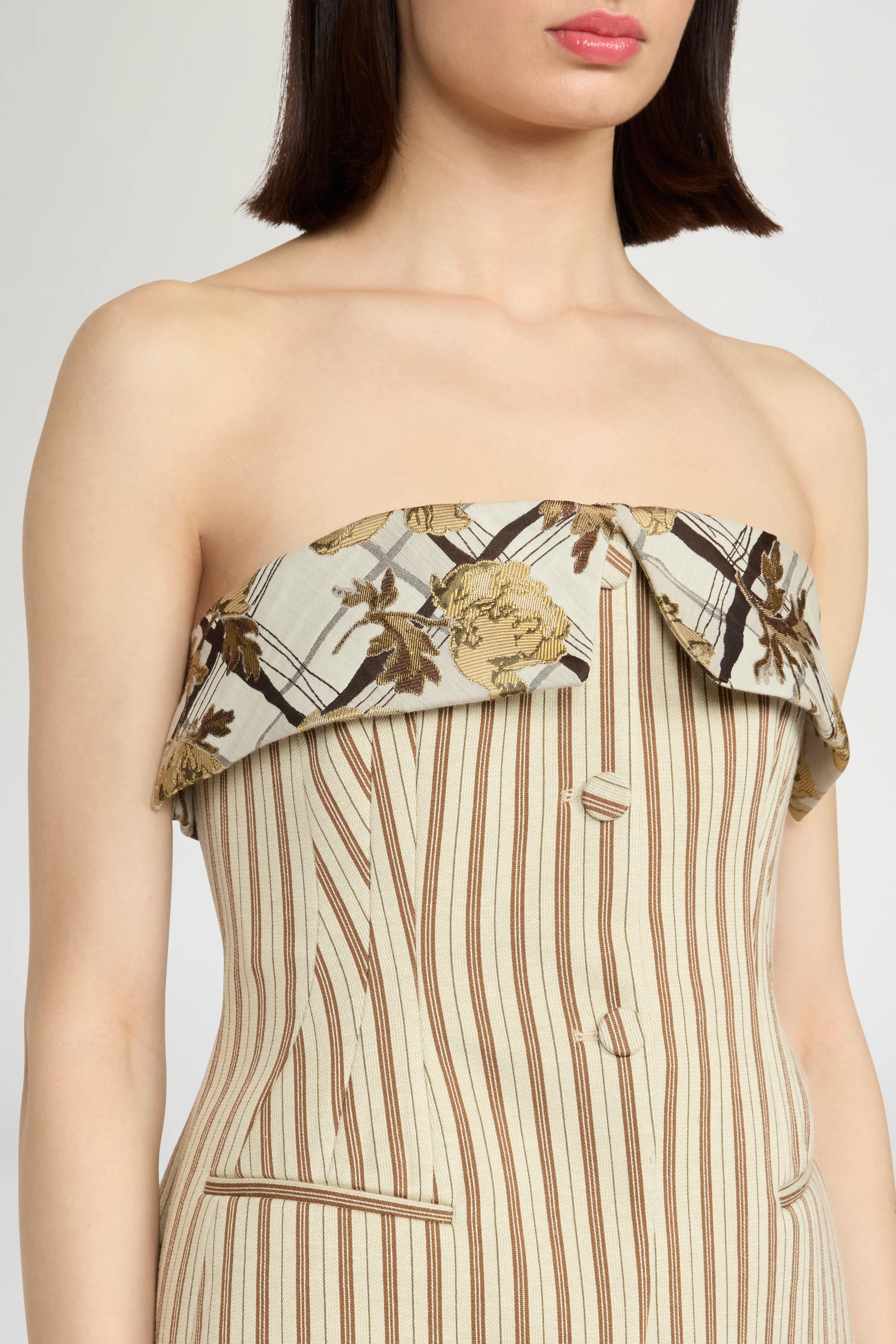 Striped Jersey Bustier With Floral Brocade Lapel - Image 4
