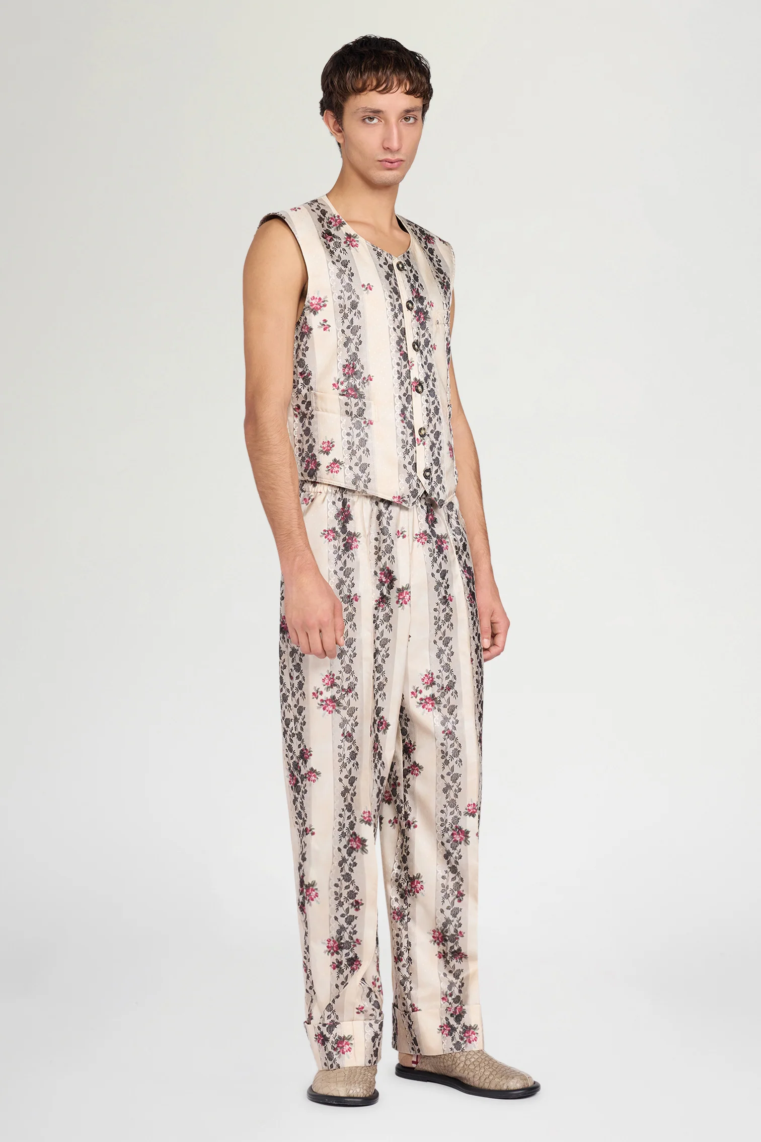 Ivory Floral Stripe Relaxed Pants - Image 2