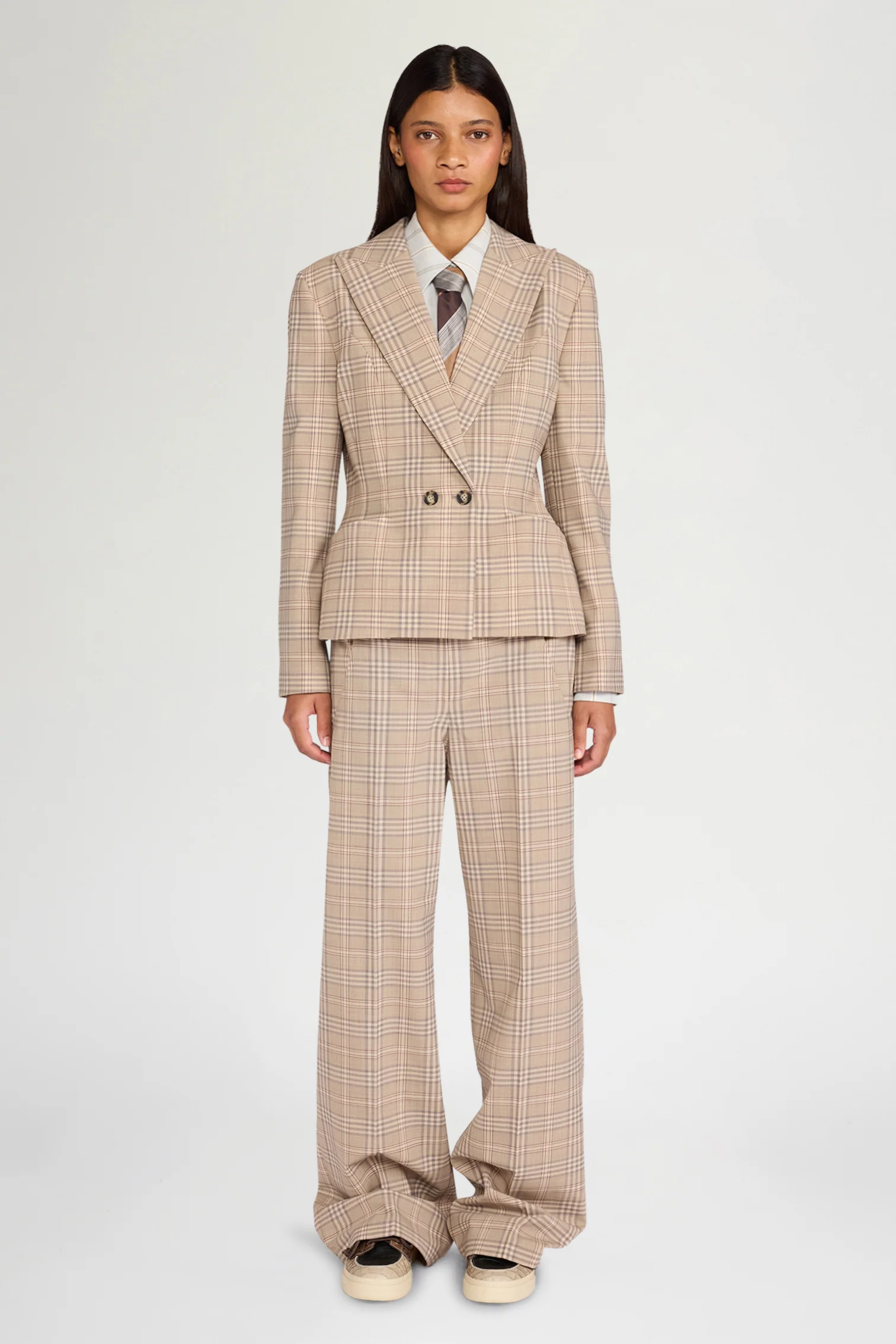 Beige Tartan Bustier Wide Pants - Image 2
