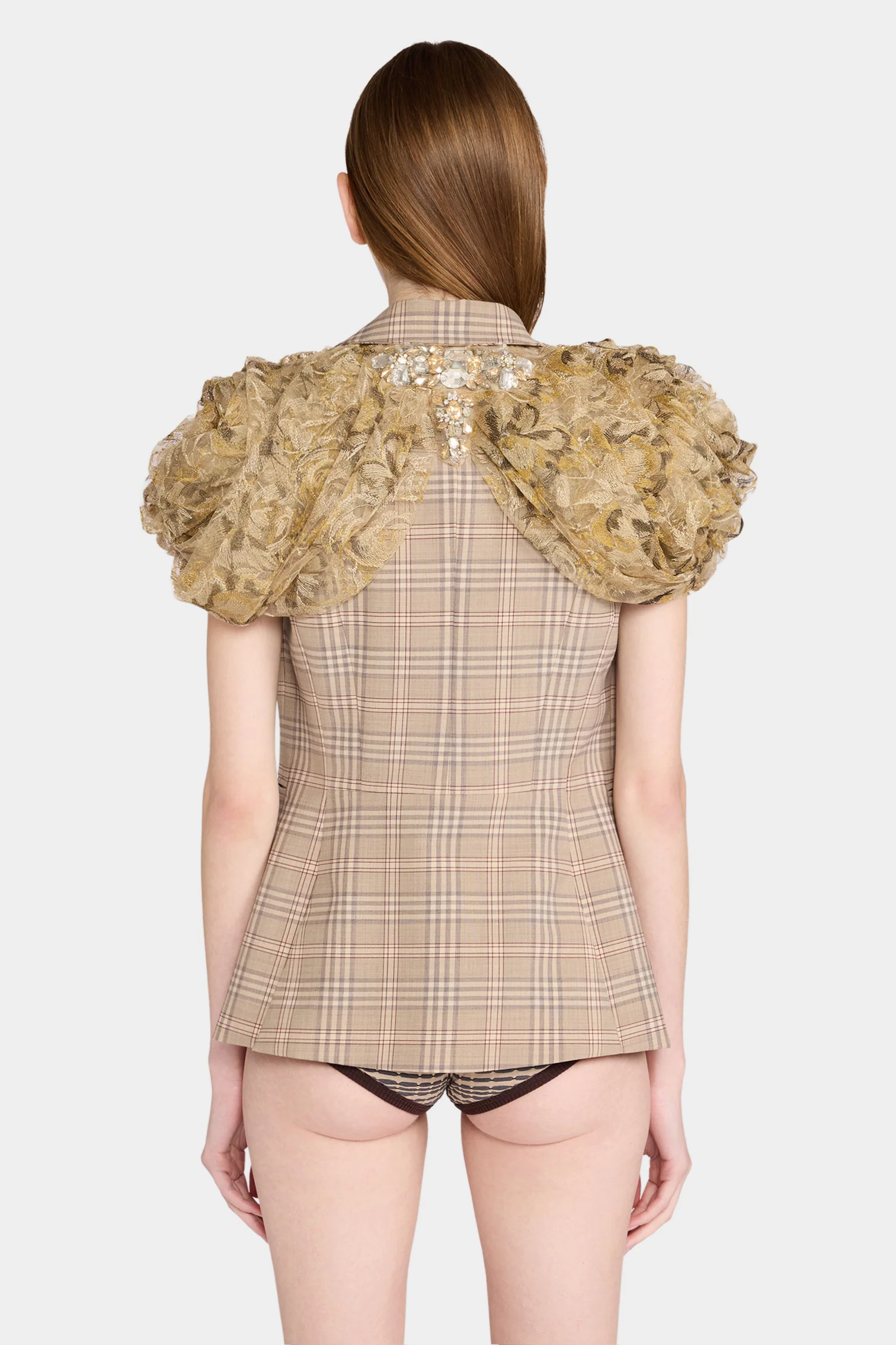 Checked Short-Sleeve Blazer with Lace Shoulders - Image 2