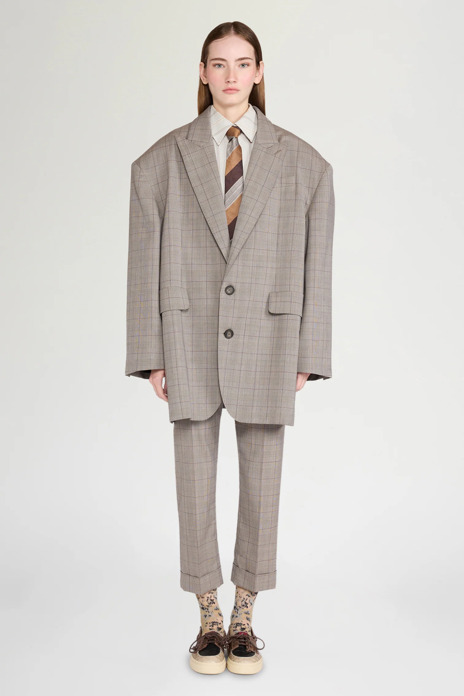 Ivory Grey Checked Oversize Blazer - Image 2