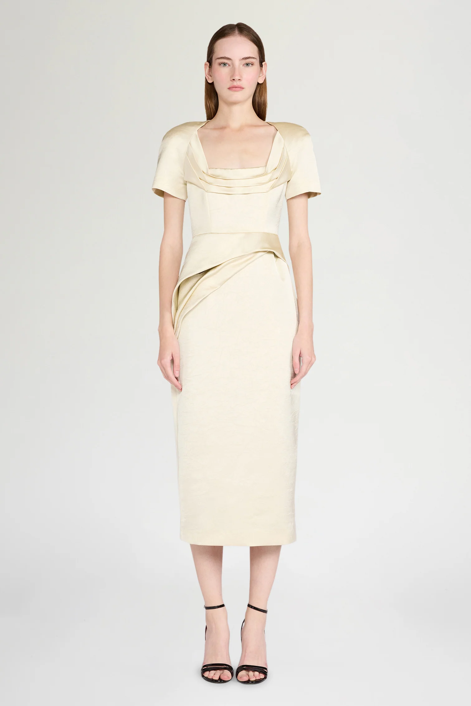 Ivory Satin Draped Midi Dress - Image 2