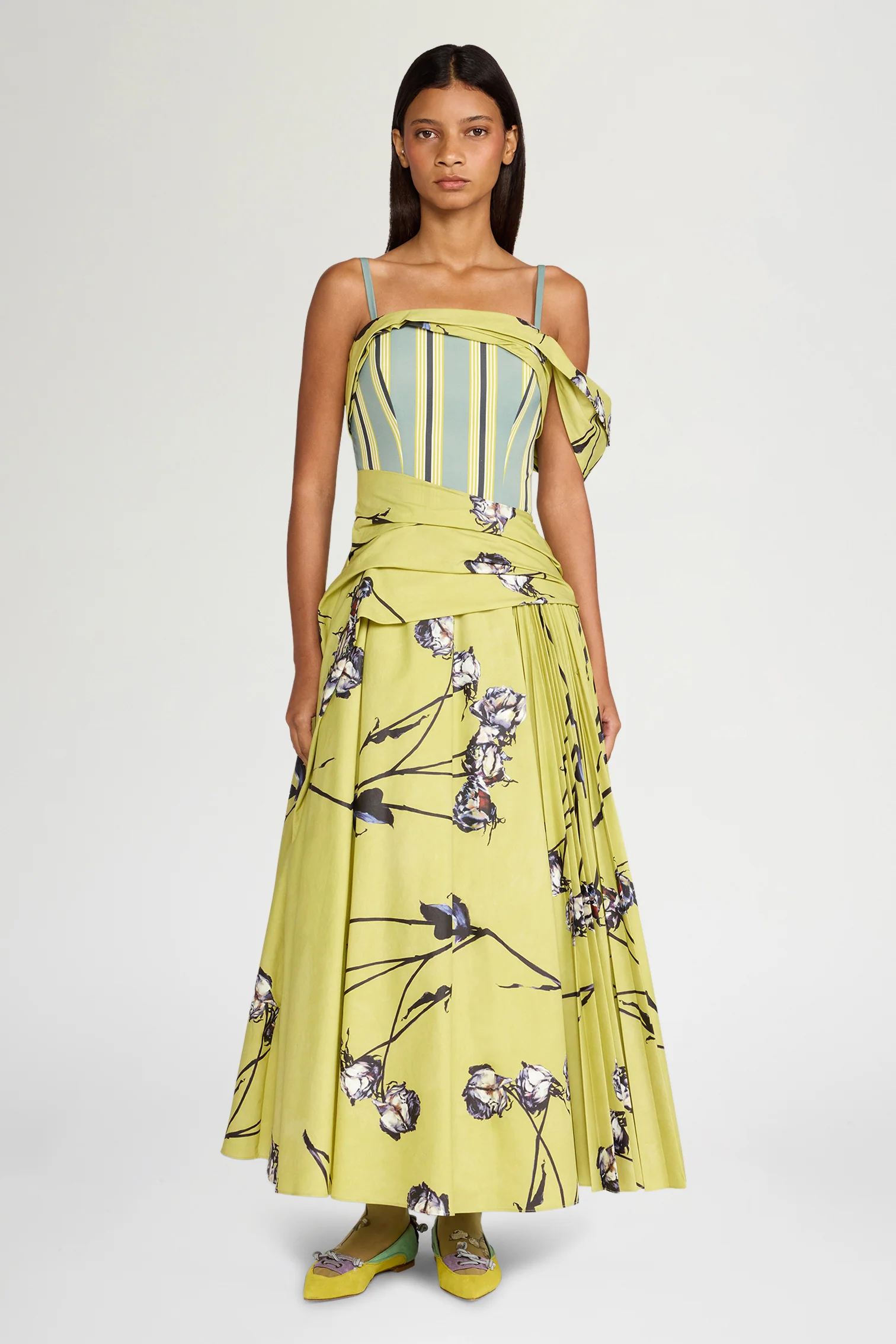 Lime Floral Draped Bustier Dress - Image 2