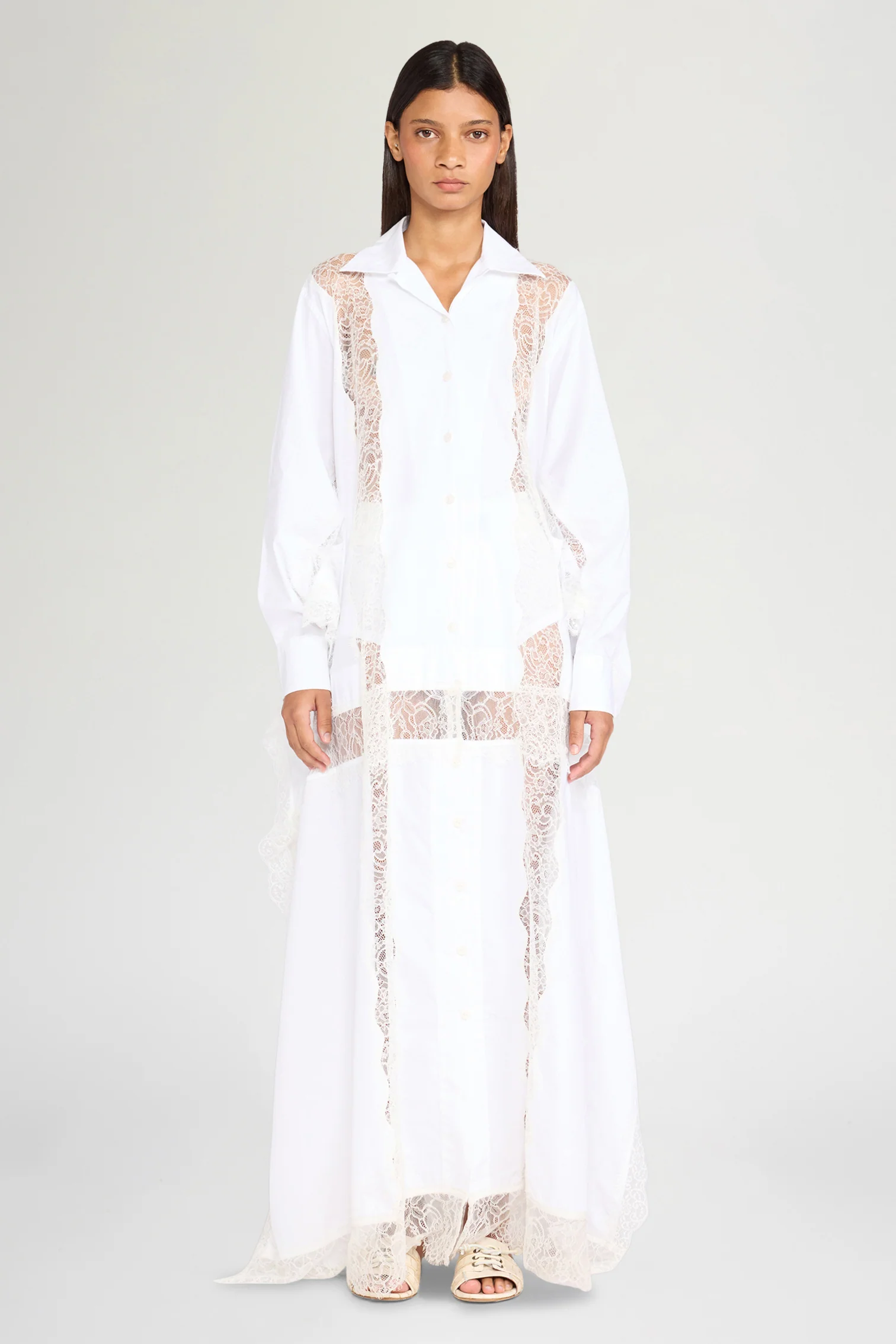 White Chemisier Dress with Lace Panel - Image 2