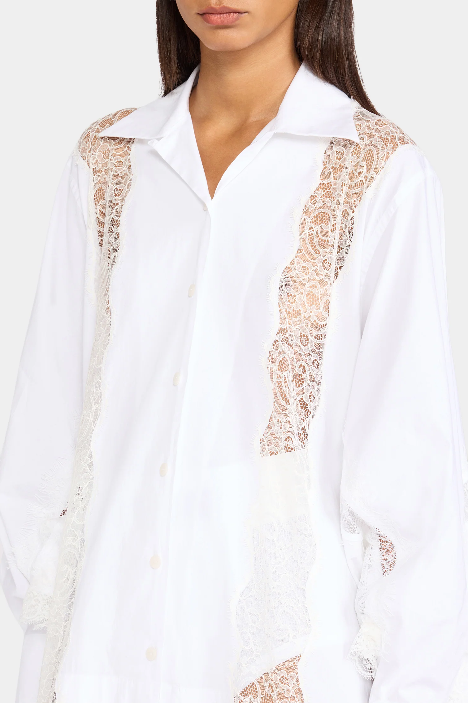 White Chemisier Dress with Lace Panel - Image 4
